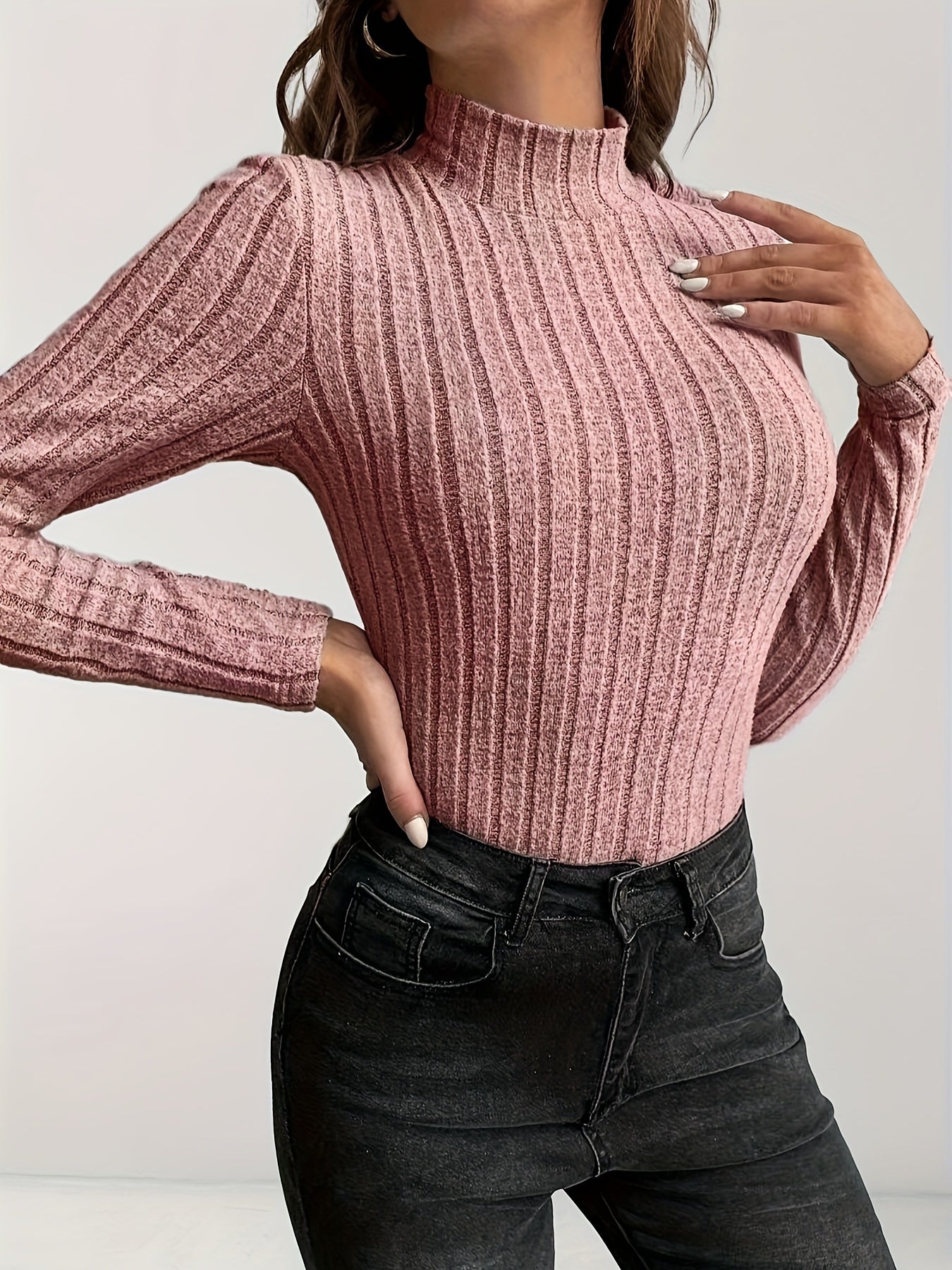 Einfarbiges Long-Shirt mit Rundhalsausschnitt, Pullover Rollkragen
