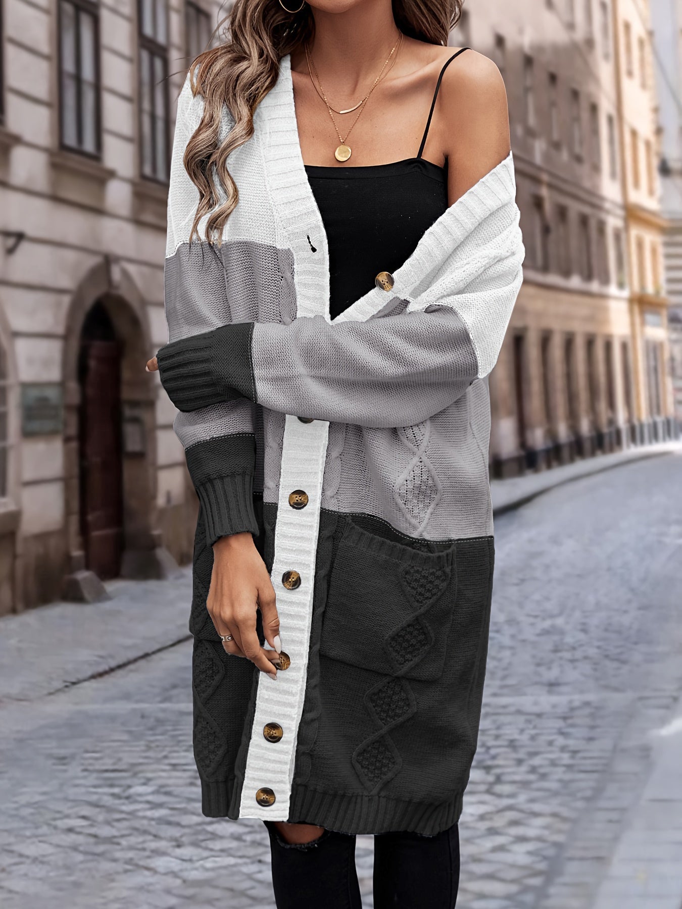 Strickjacke mit Knopfleiste, lässiger Langarm-Longline-Pullover mit Tasche