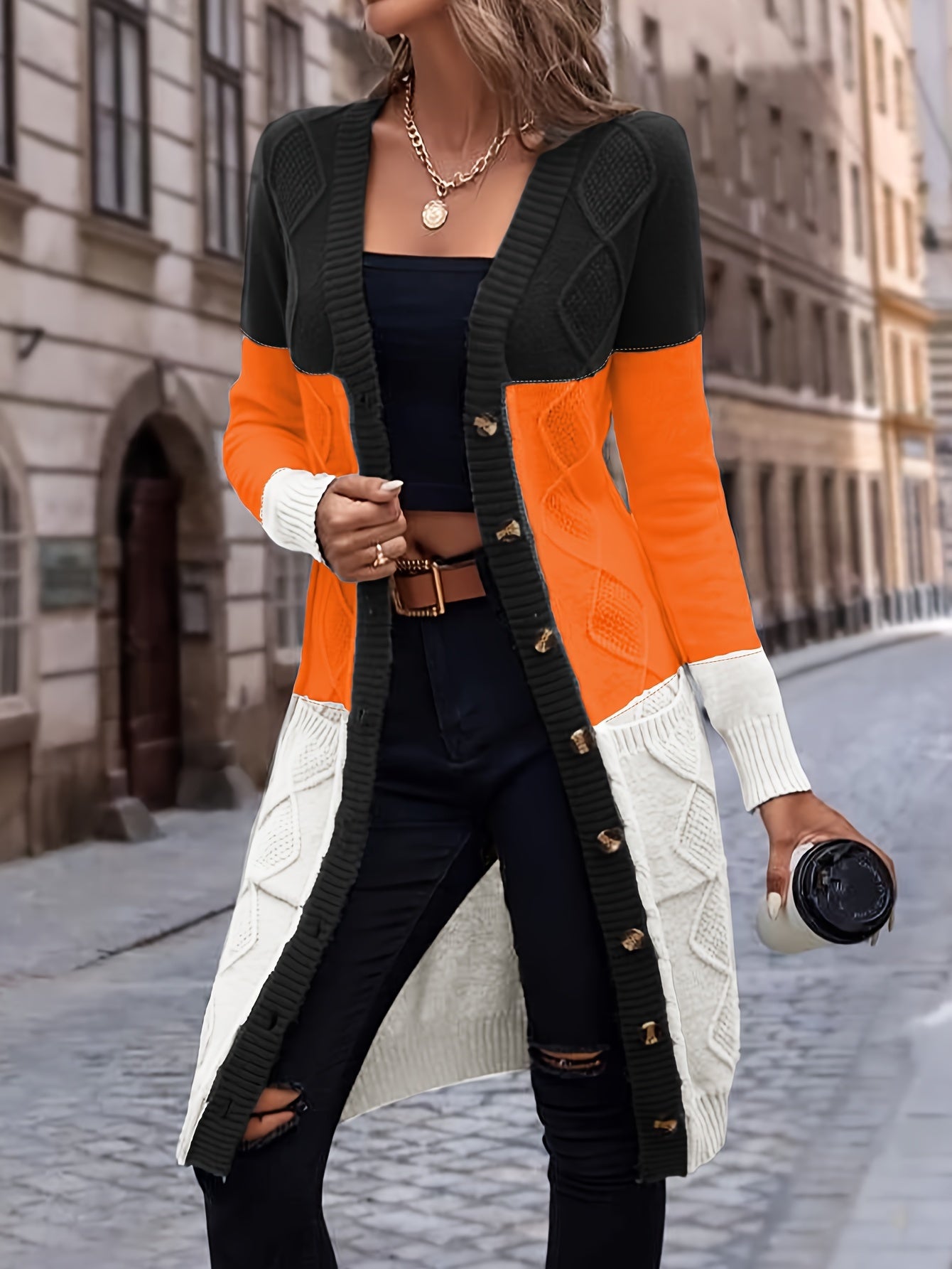 Strickjacke mit Knopfleiste, lässiger Langarm-Longline-Pullover mit Tasche