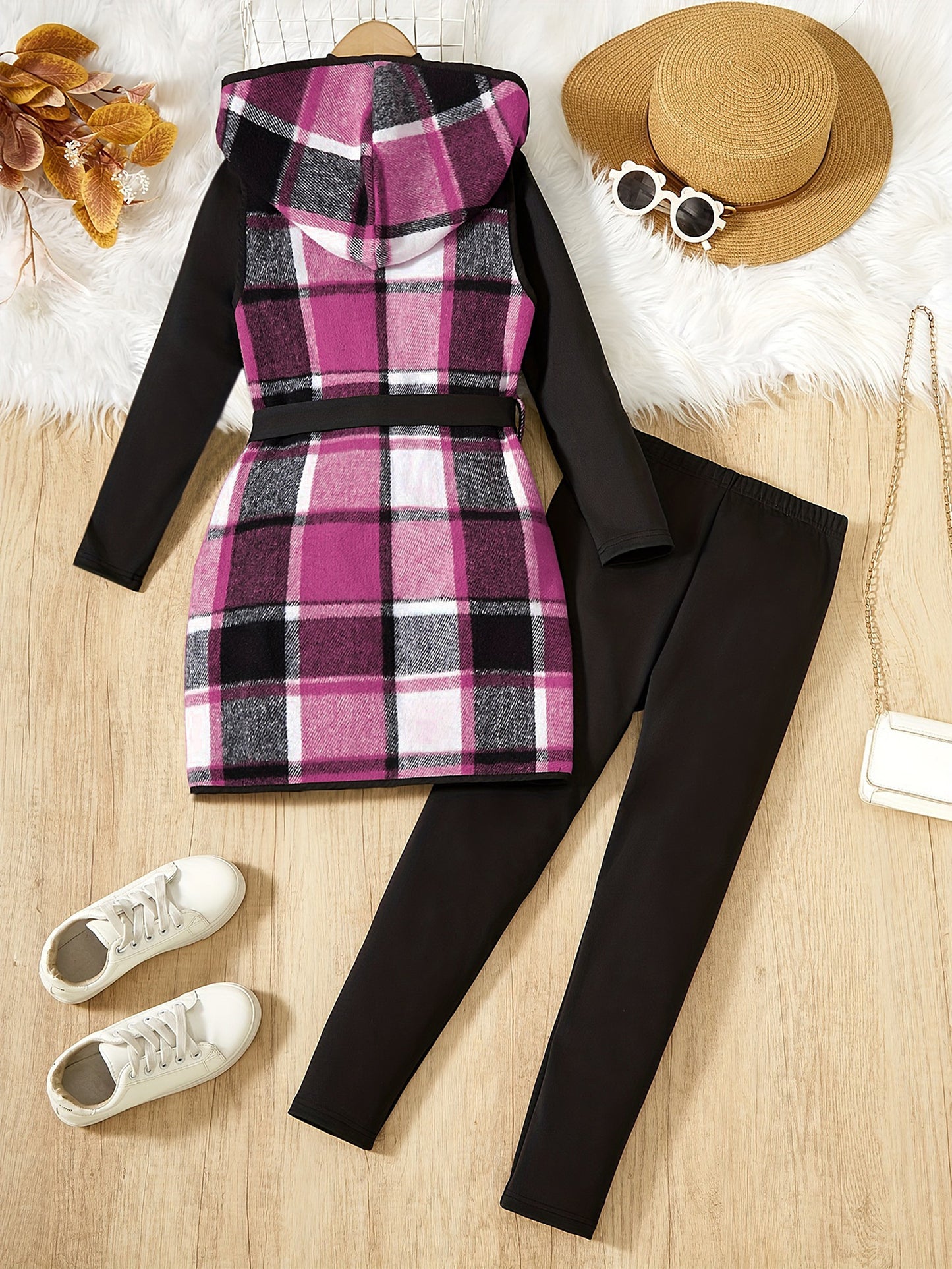 3-teiliges Mädchen-Set, elegante karierte Kapuzenweste + Langarmpullover + Hose