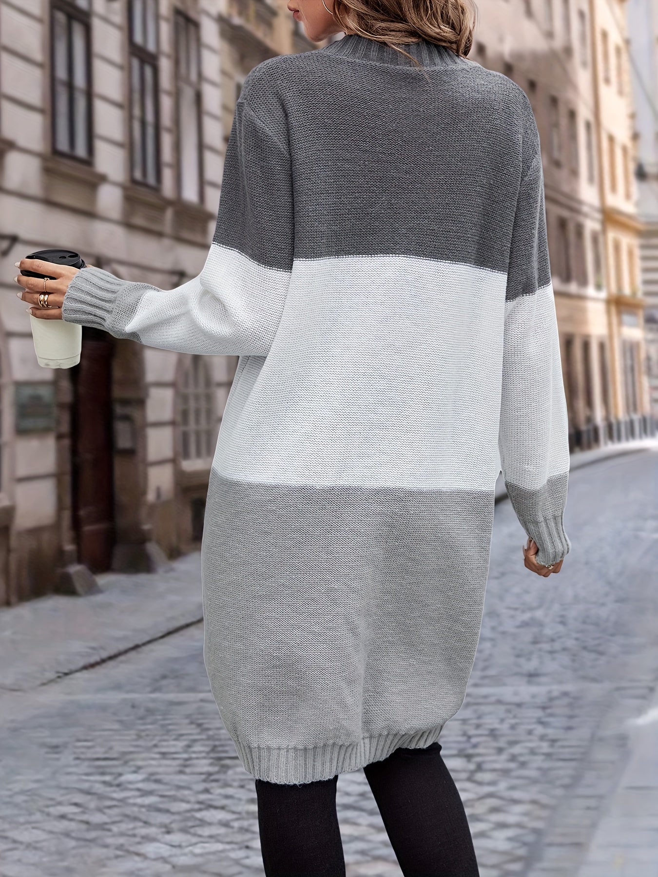 Strickjacke mit Knopfleiste, lässiger Langarm-Longline-Pullover mit Tasche