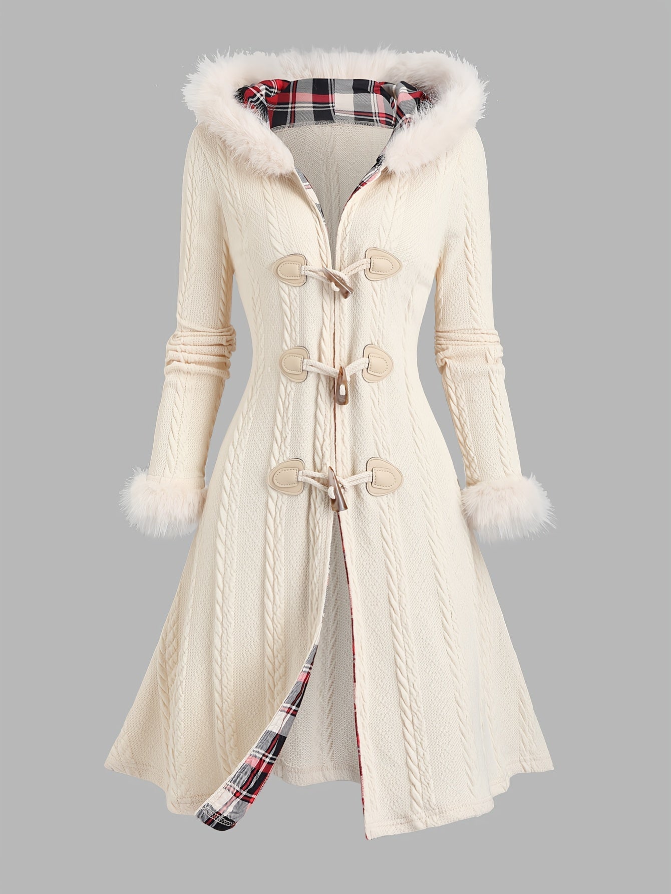 Damen-Strickmantel im Y2K-Stil mit Kapuze mit Kunstpelzbesatz, Herbst Winter