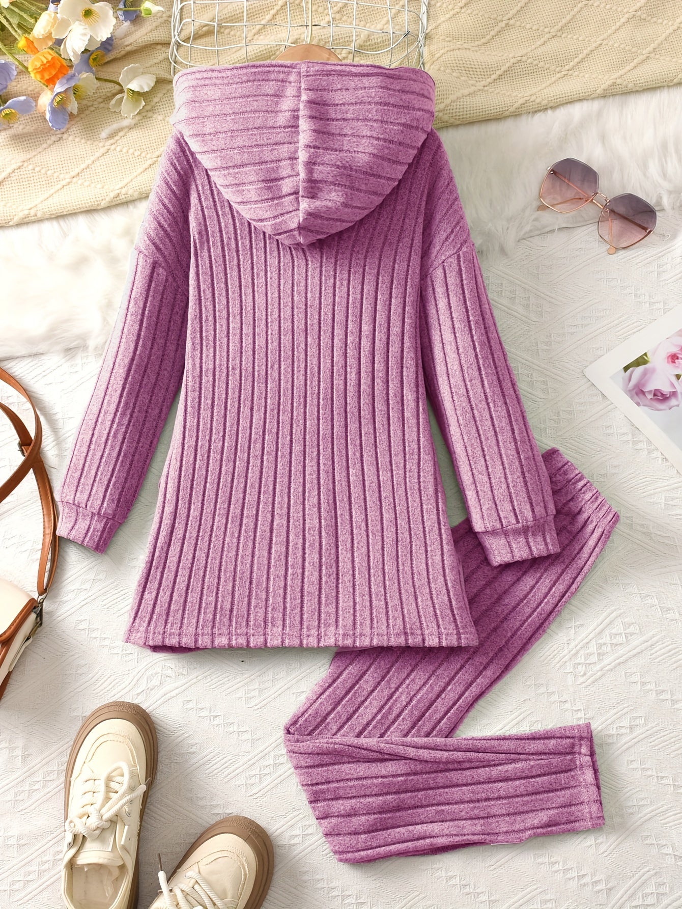 2-teiliges Set für Mädchen, Langarm-Kapuzenpullover und dehnbare Hose