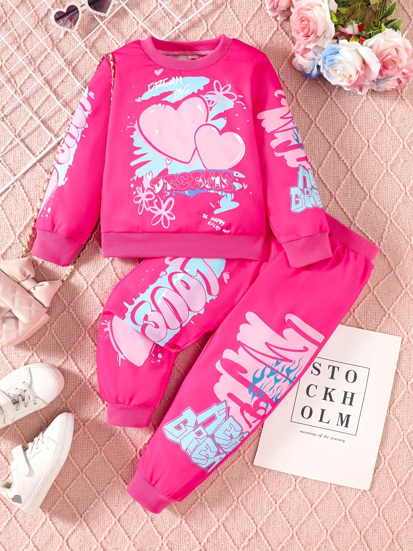 2-teiliges Set Langarm-Sweatshirt und Hose mit Graffiti-Herzen für Mädchen
