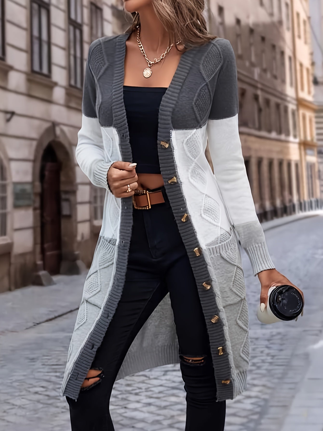 Strickjacke mit Knopfleiste, lässiger Langarm-Longline-Pullover mit Tasche
