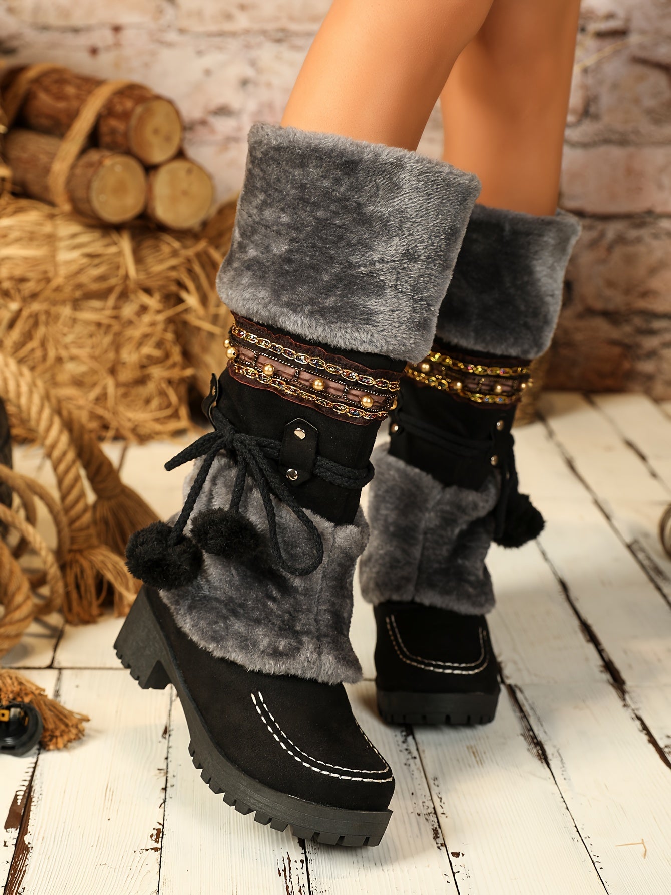 Retro-Schneestiefel für Damen, Stiefel mit Fleece-Pom-Pom-Dekor