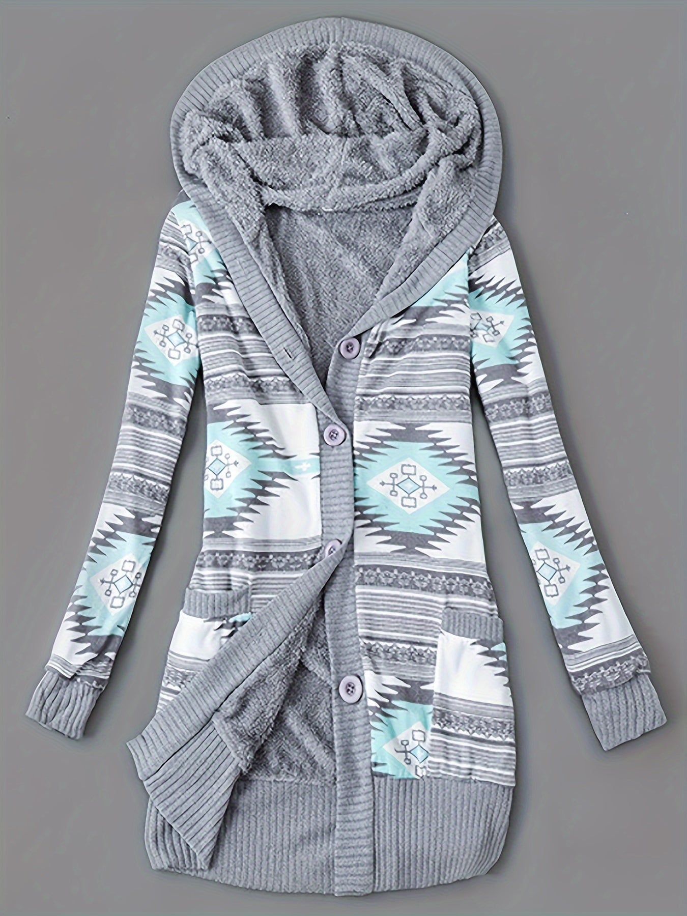 Kapuzenpullover mit Knopfleiste vorne und Geo-Print, lässiger, langärmeliger Cardigan