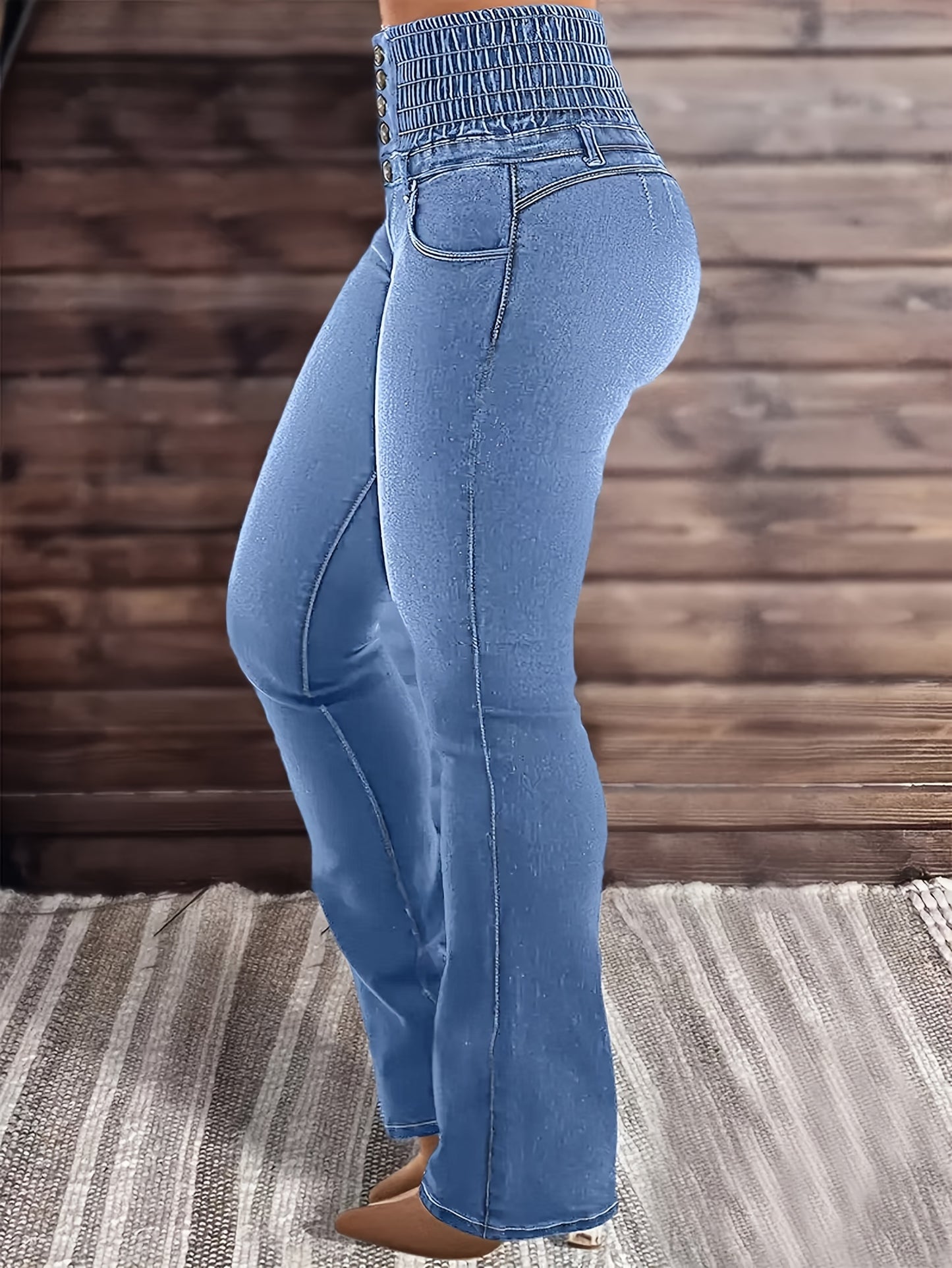 Stretch-Jeans mit hoher Taille und hohem Bund und mehreren Taschen Spandex