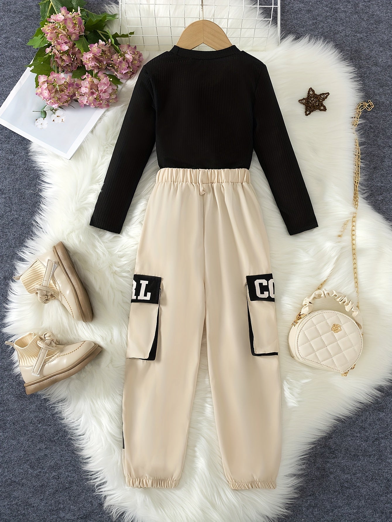 2-teiliges Set für Mädchen, modisches, Langarm-Oberteil + stylische Cargohose
