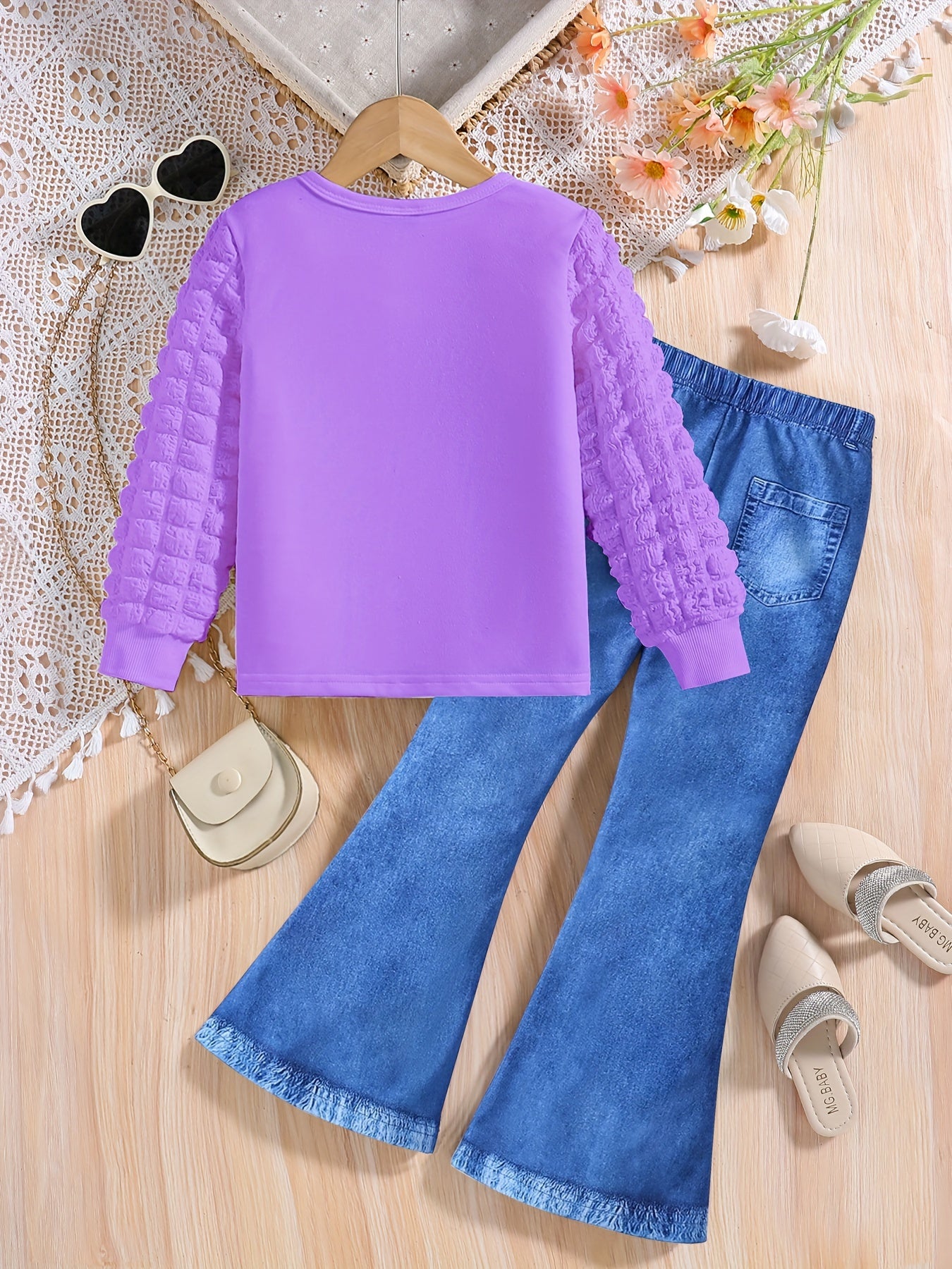 2-teiliges Outfit für Mädchen: Strukturiertes Langarm-Oberteil + Leggings in Denim-Optik