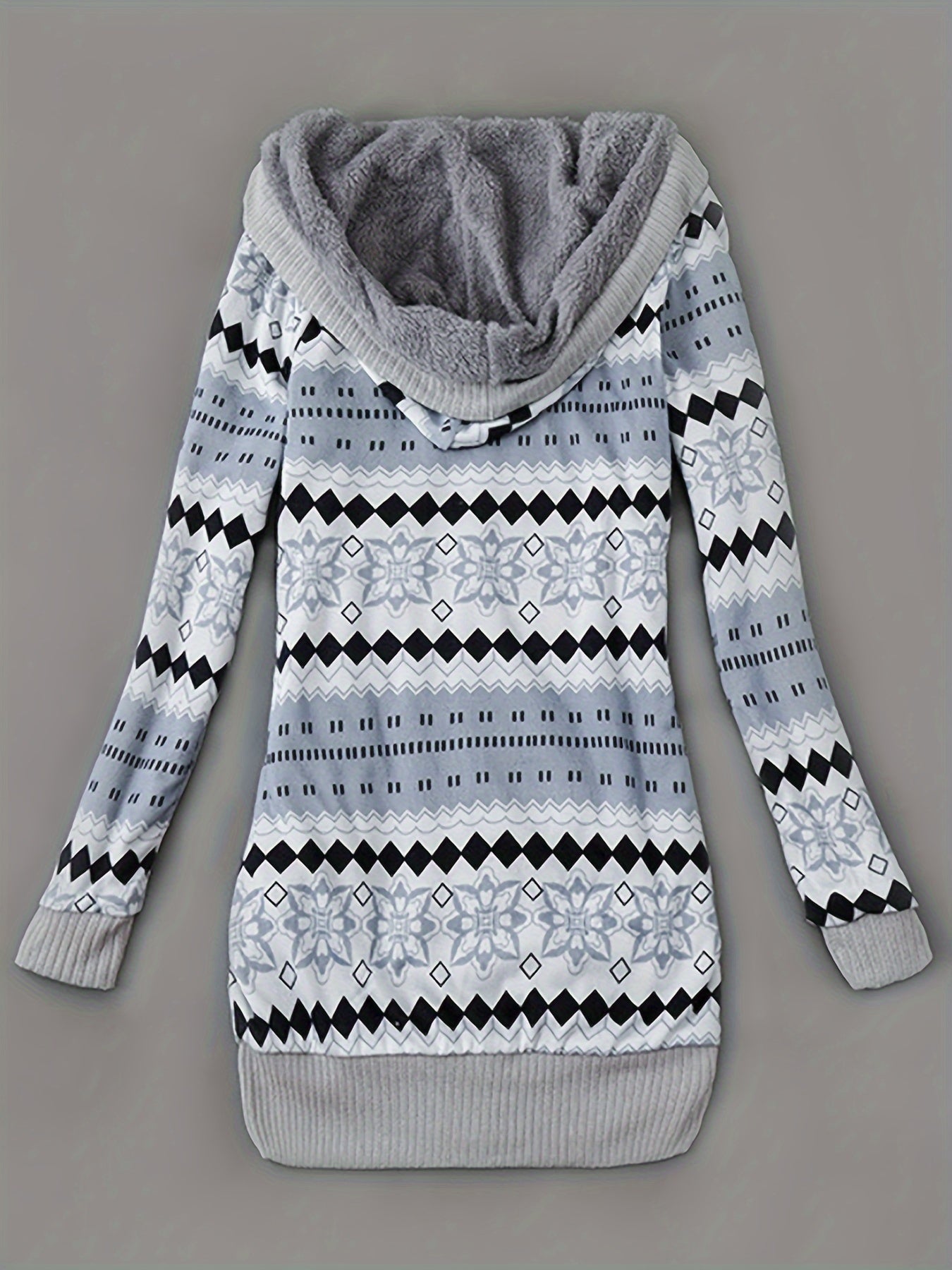Kapuzenpullover mit Knopfleiste vorne und Geo-Print, lässiger, langärmeliger Cardigan