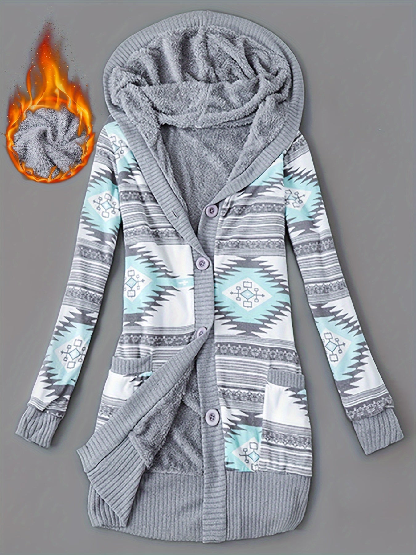 Kapuzenpullover mit Knopfleiste vorne und Geo-Print, lässiger, langärmeliger Cardigan