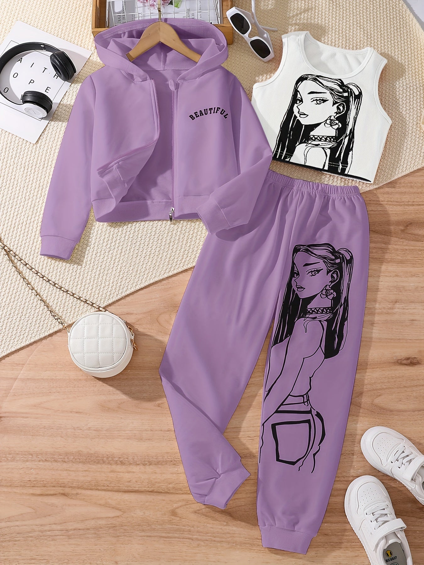 3-teiliges Mädchen - Set mit Kapuzenjacke + Tanktop + Jogginghose Model Anime