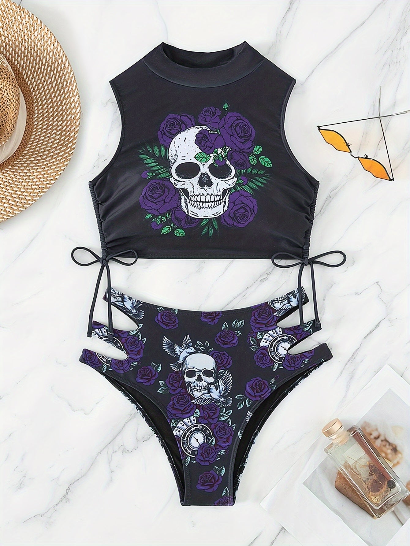 2-teiliges Bikini-Set im Gothic-Punk-Stil mit Rosen-Totenkopf-Print