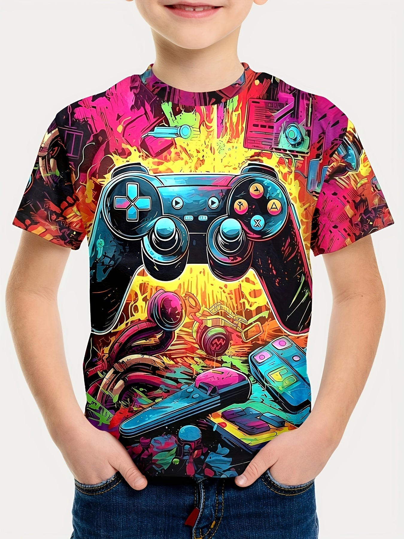 4-teiliges T-Shirt Set für Jungen mit 3D-Druck Game Controller, kurzärmlige T-Shirts