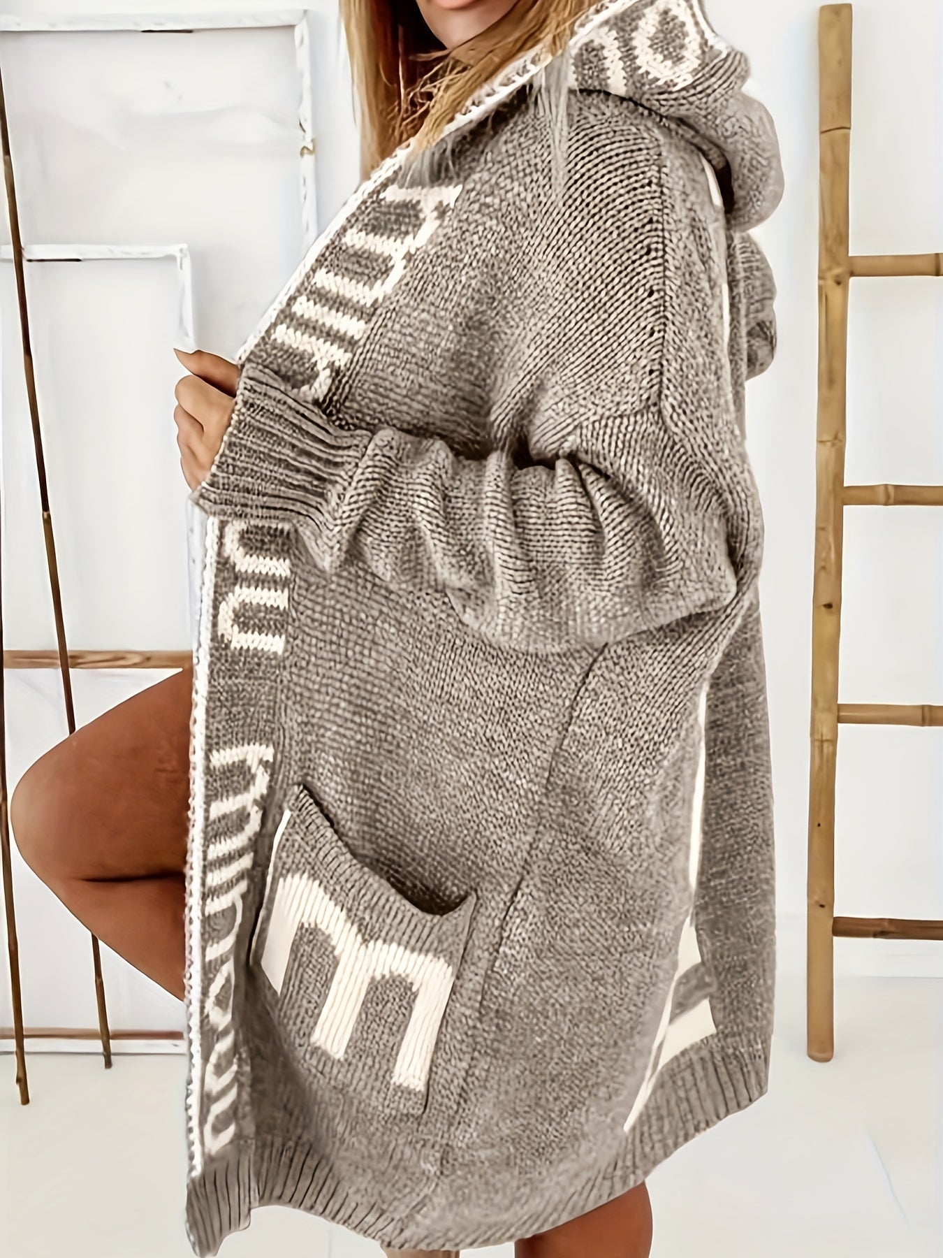 Strickjacke mit Wasserfallkragen, Langarmpullover mit Kapuze und Taschen