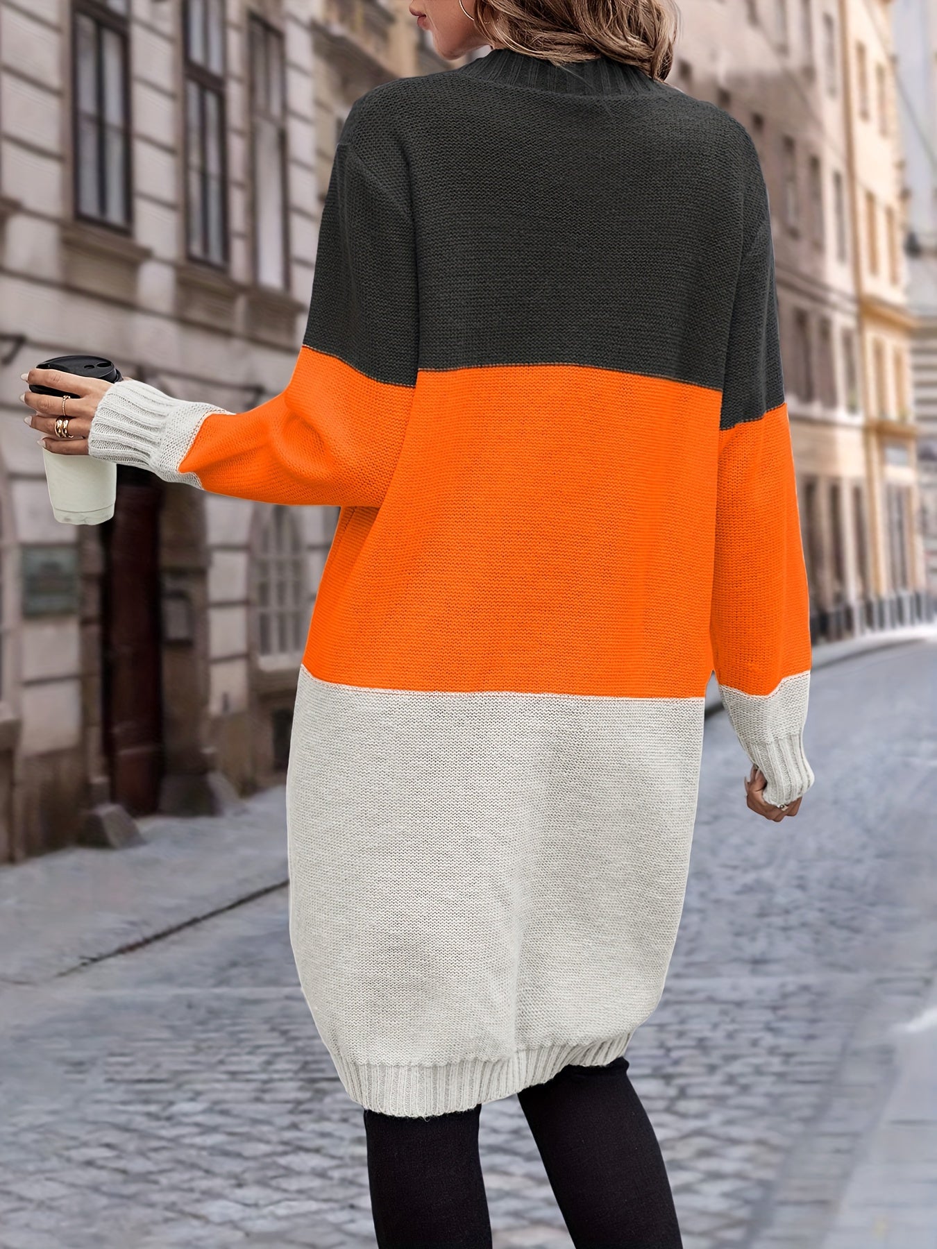 Strickjacke mit Knopfleiste, lässiger Langarm-Longline-Pullover mit Tasche