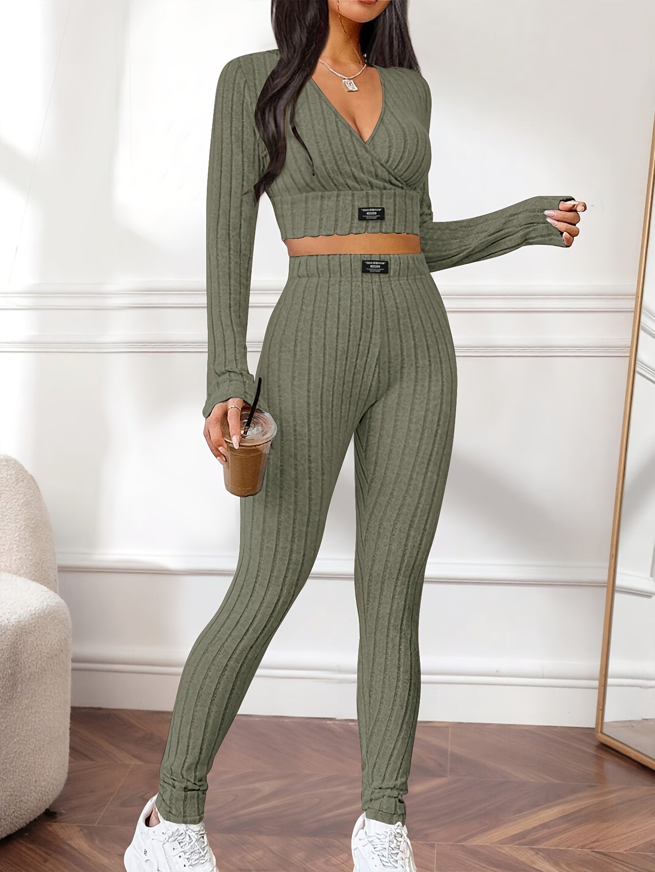 lässiges zweiteiliges Set, V-Ausschnitt, langärmeliges bauchfreies Top und Hose
