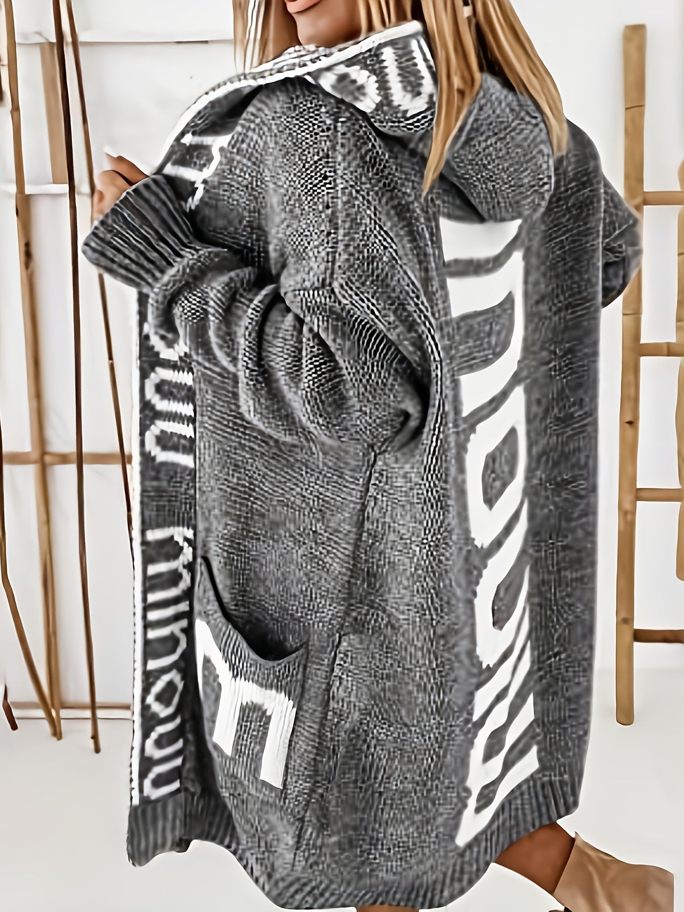 Strickjacke mit Wasserfallkragen, Langarmpullover mit Kapuze und Taschen