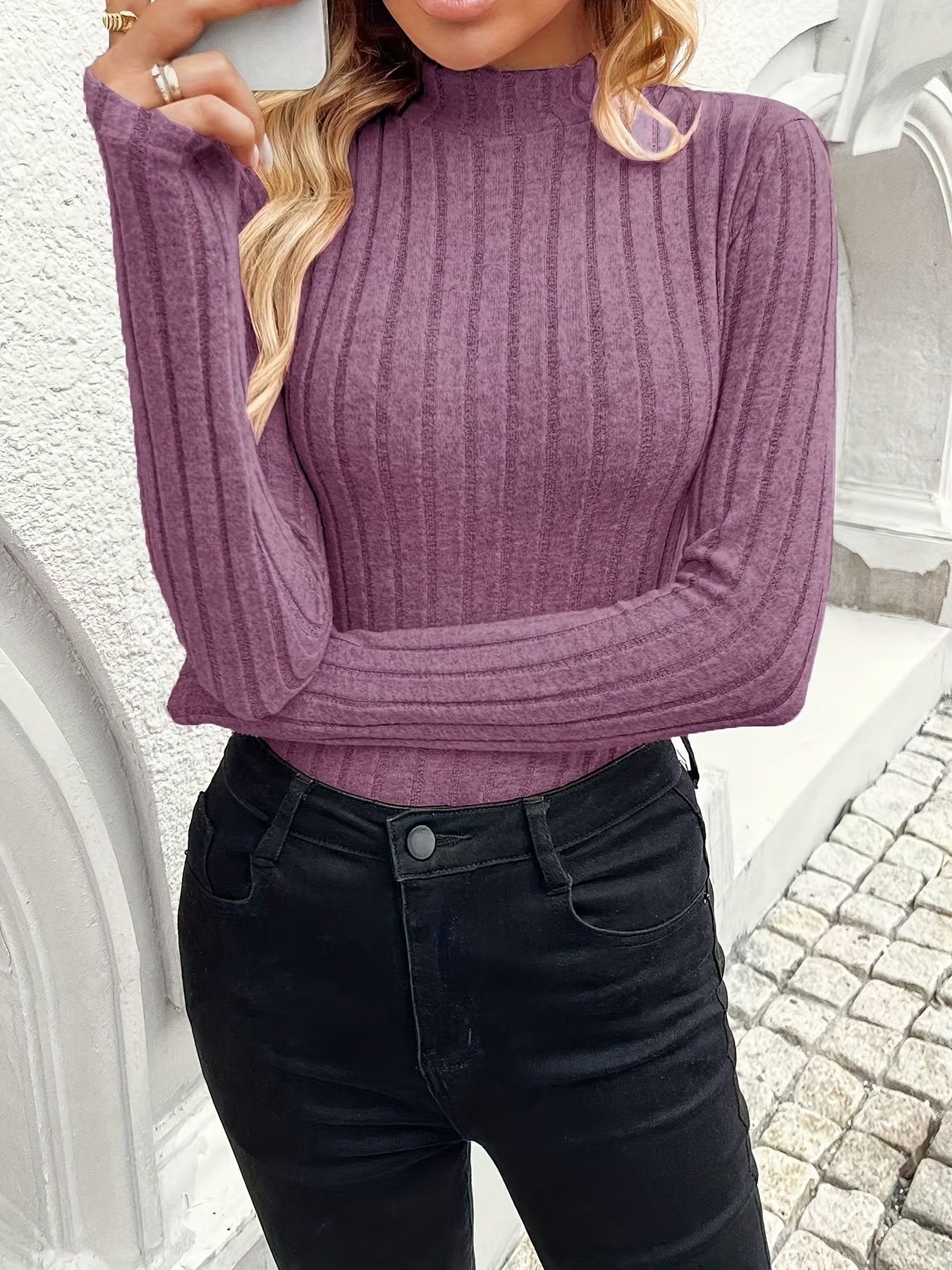 Einfarbiges Long-Shirt mit Rundhalsausschnitt, Pullover Rollkragen