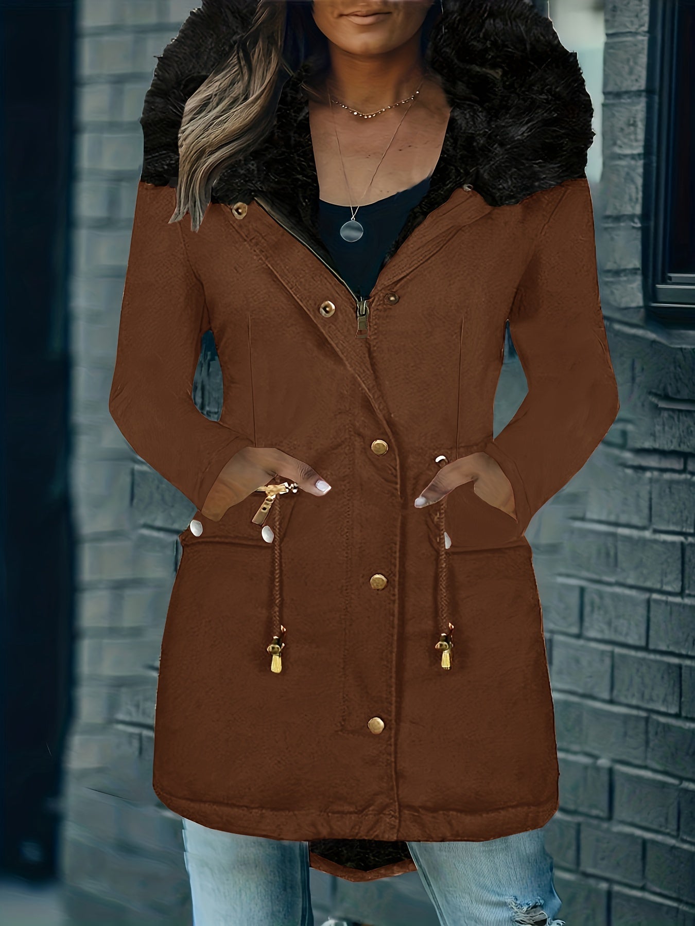 Zip-up Fuzzy Parka-Mantel mit Kapuze und Reißverschluss für Damen