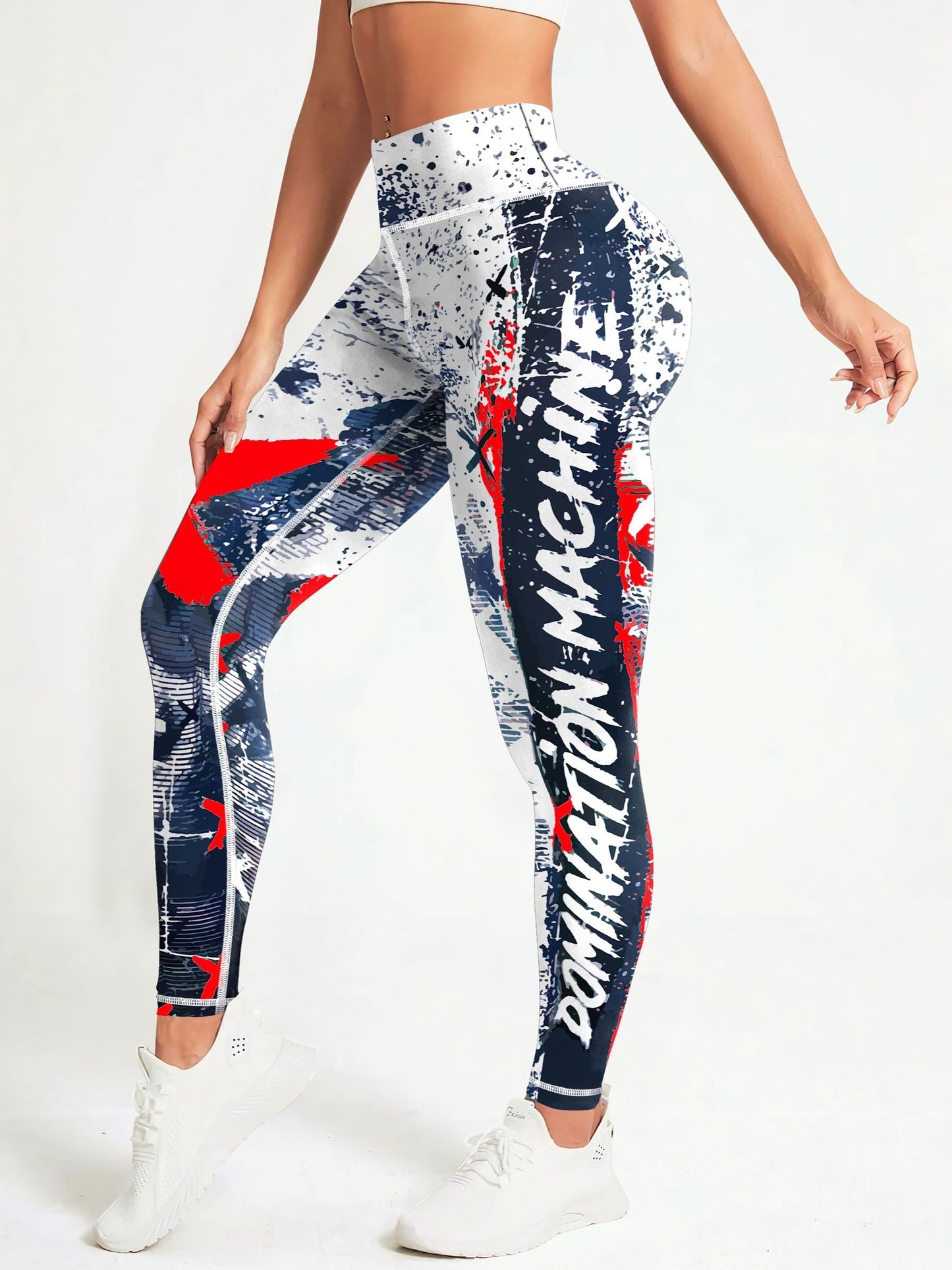 Yoga-Sport-Leggings mit hoher Taille, Farbblock-Graffiti-Design, Po-Lifting