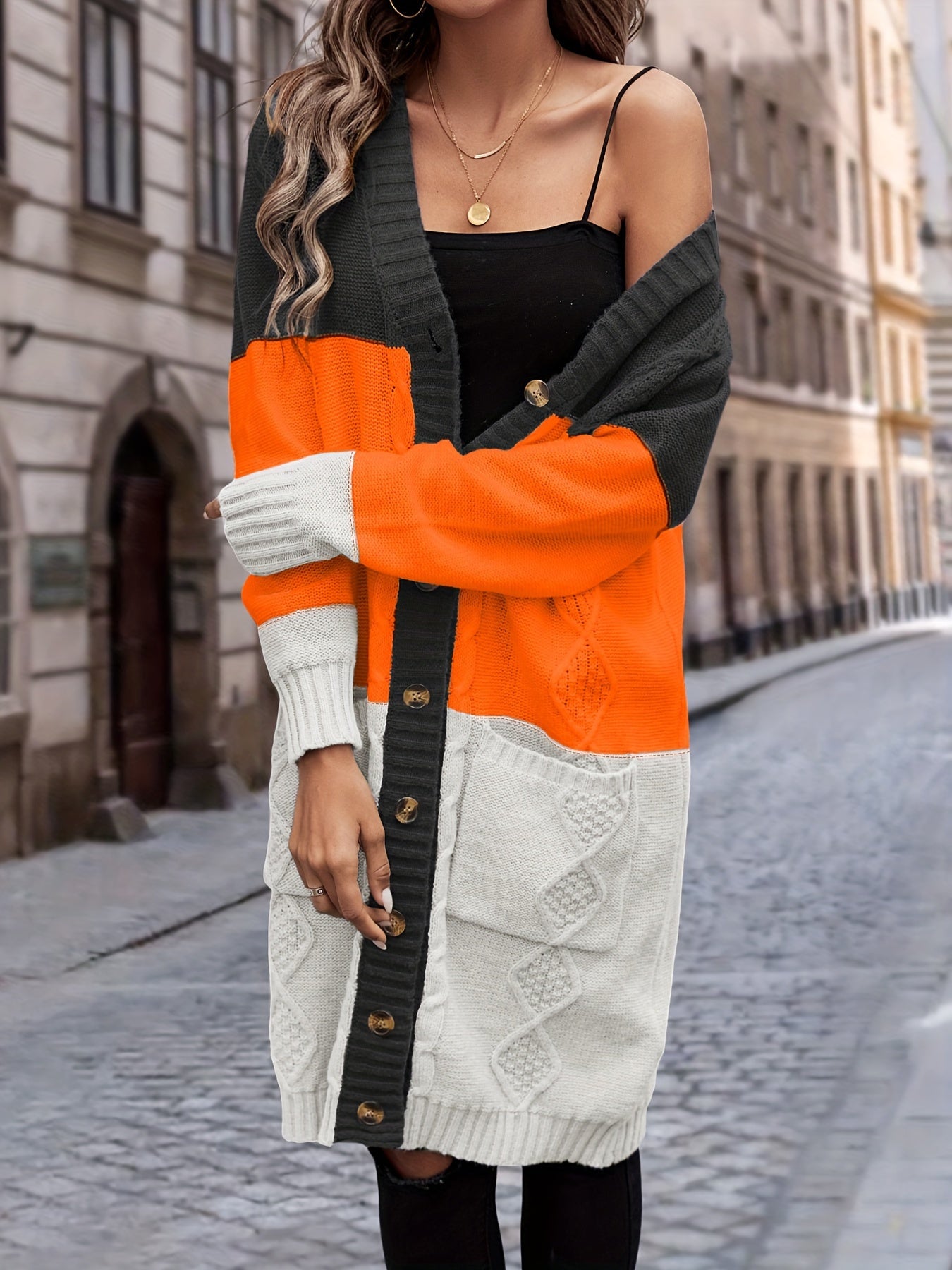 Strickjacke mit Knopfleiste, lässiger Langarm-Longline-Pullover mit Tasche