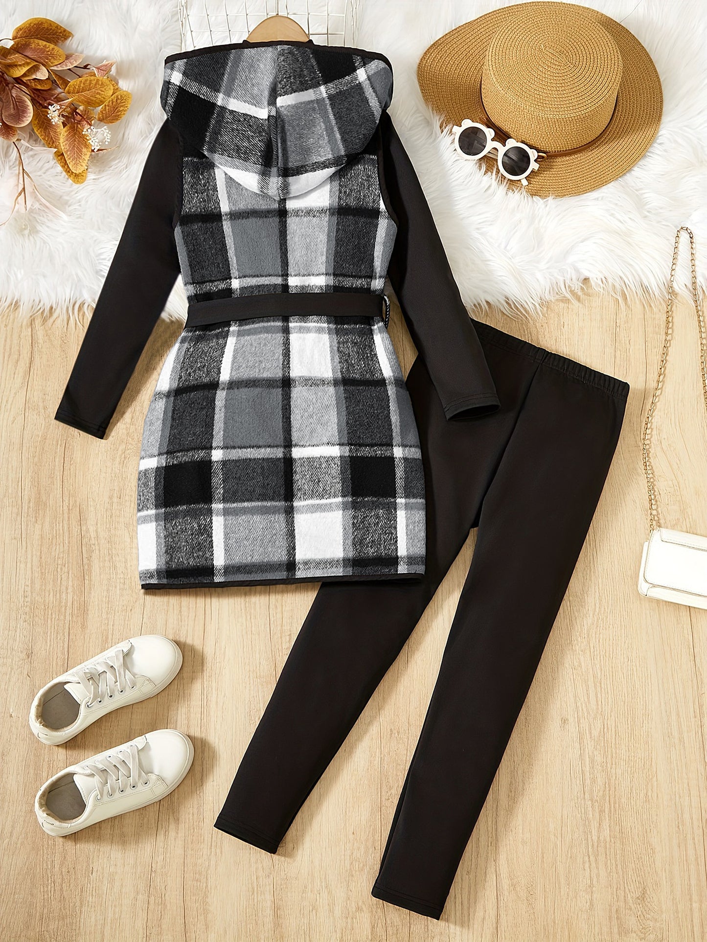 3-teiliges Mädchen-Set, elegante karierte Kapuzenweste + Langarmpullover + Hose