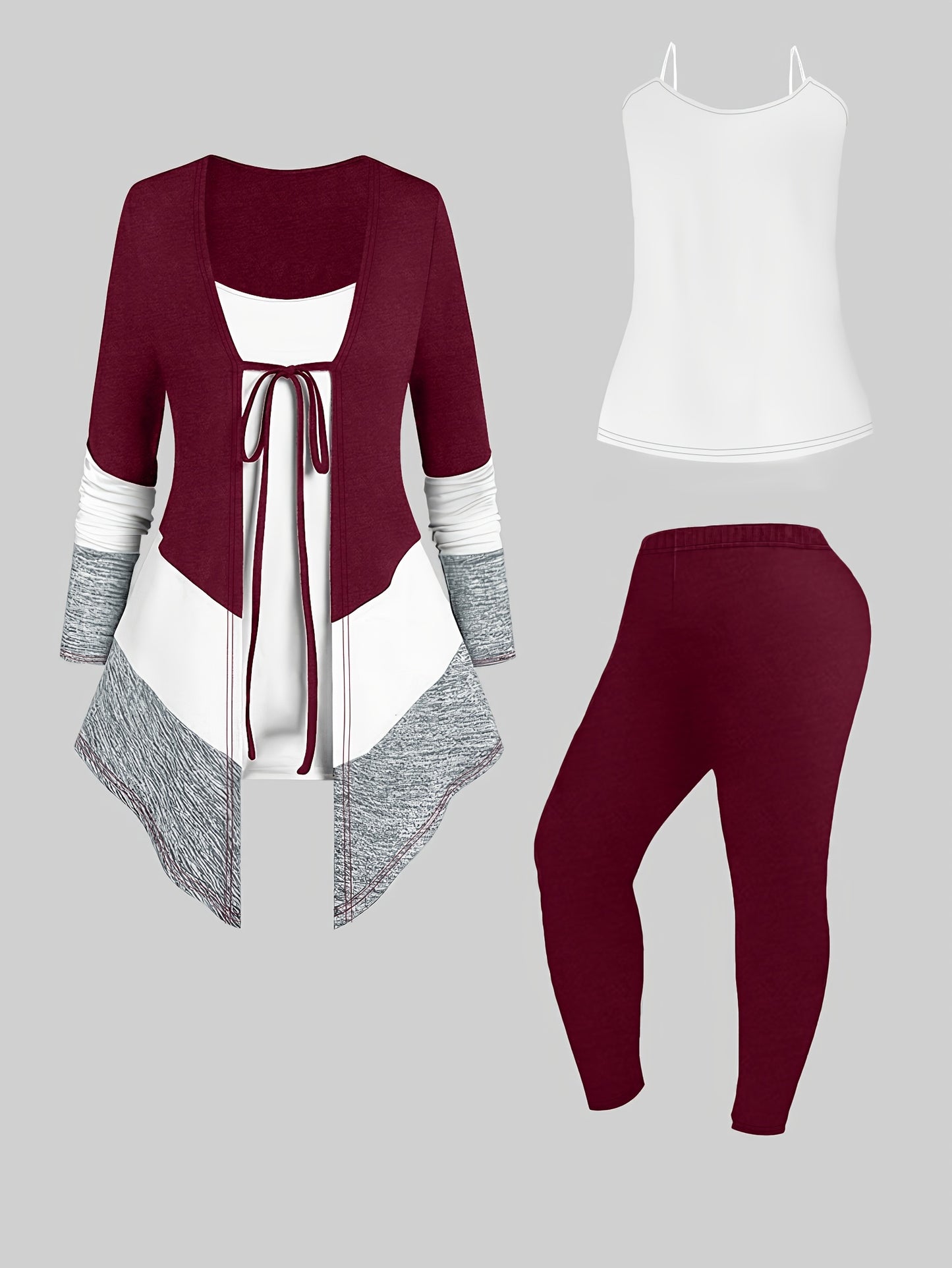 3-teiliges Damen-Set langärmliger Cardigan, Camisole-Oberteil enge Leggings