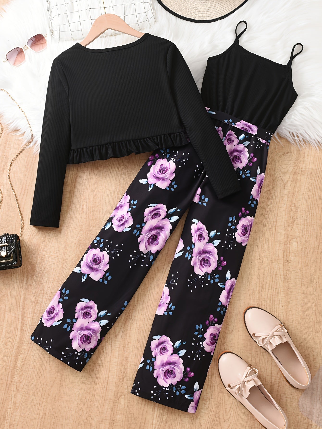 Elegantes 2-teiliges Set für Mädchen, Strickjacke mit Rüschen und Jumpsuit