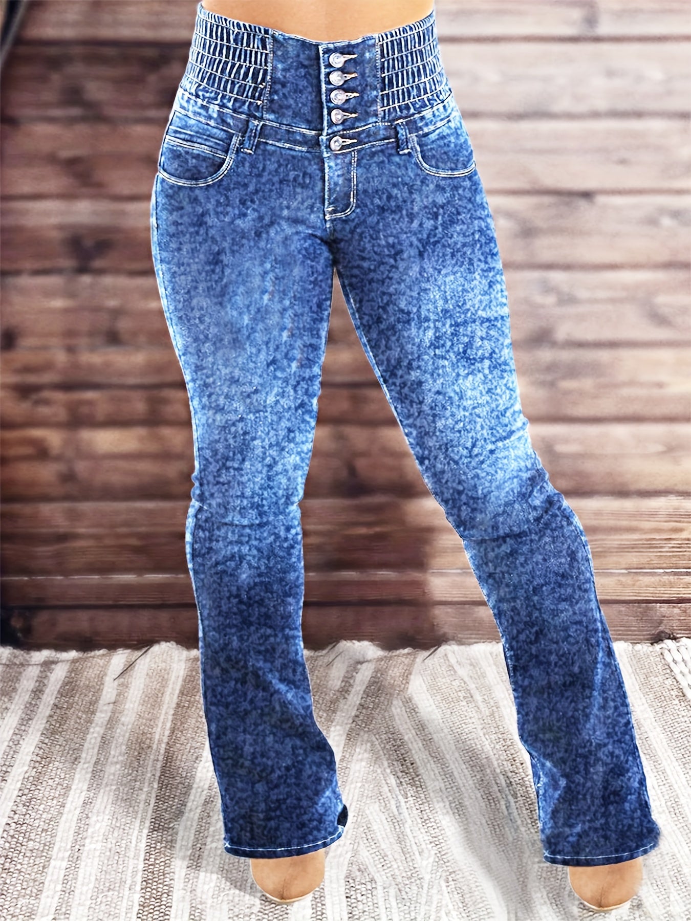 Stretch-Jeans mit hoher Taille und hohem Bund und mehreren Taschen Spandex