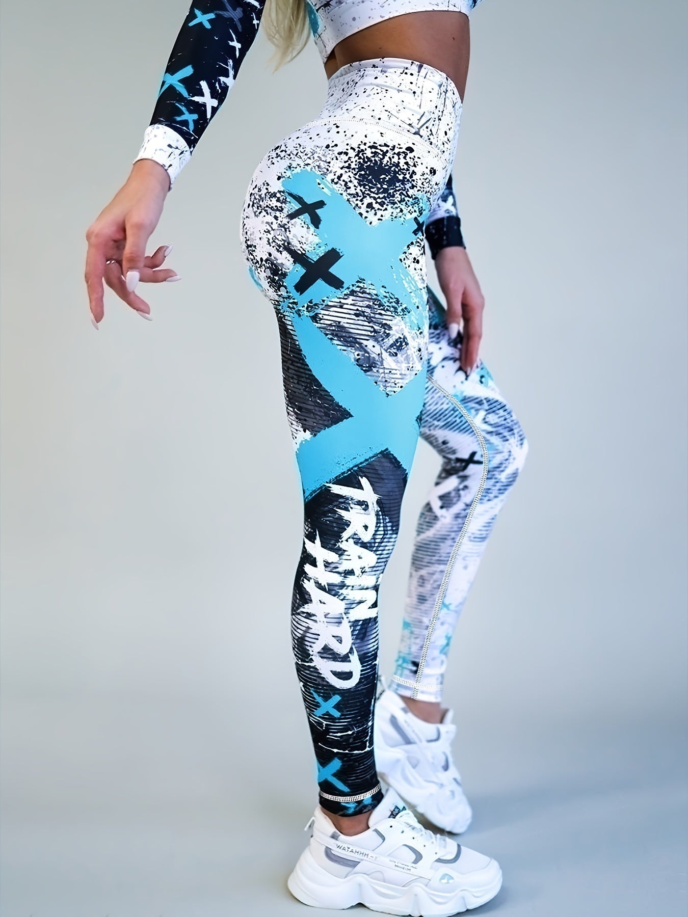 Yoga-Sport-Leggings mit hoher Taille, Farbblock-Graffiti-Design, Po-Lifting