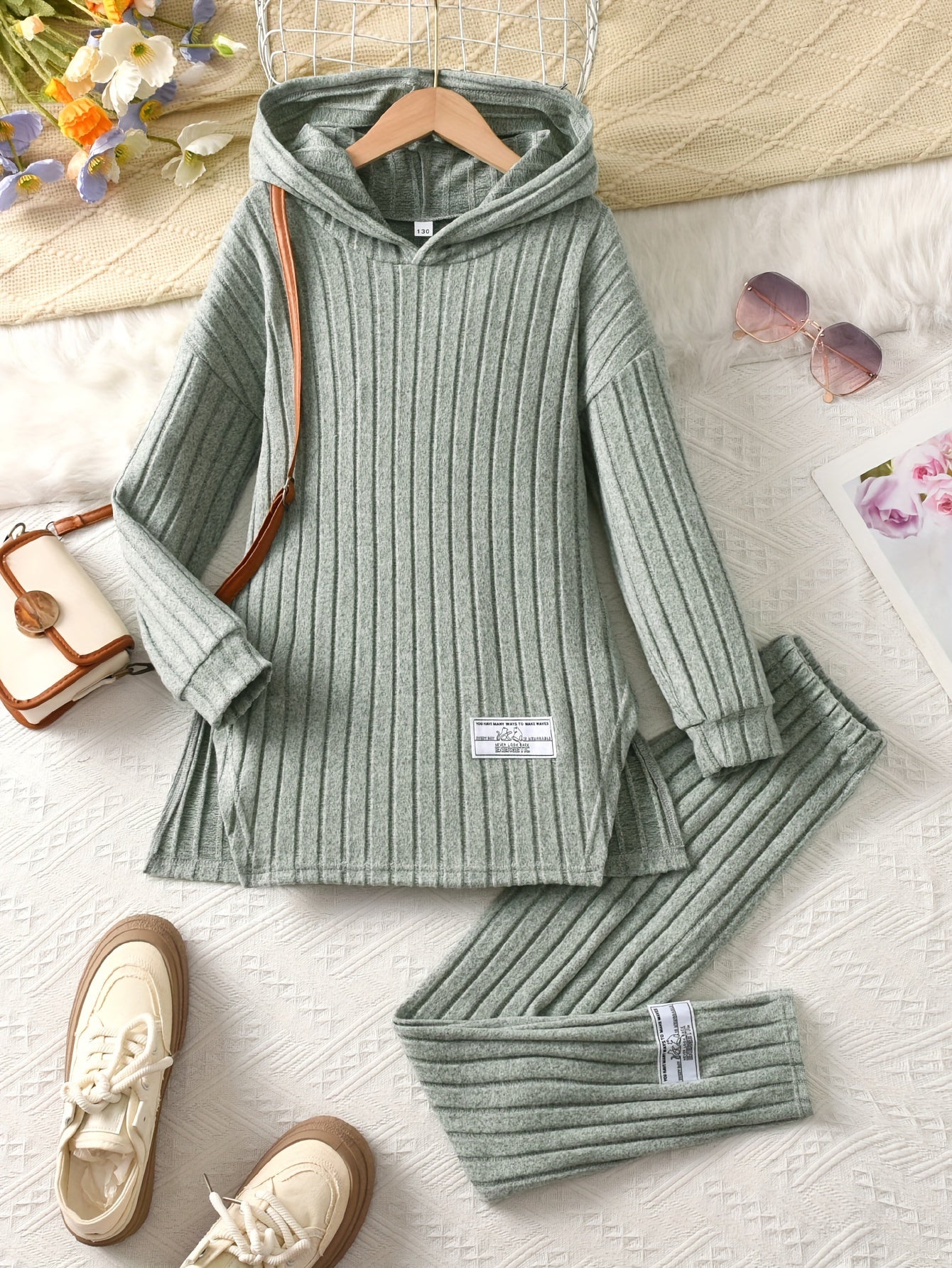 2-teiliges Set für Mädchen, Langarm-Kapuzenpullover und dehnbare Hose