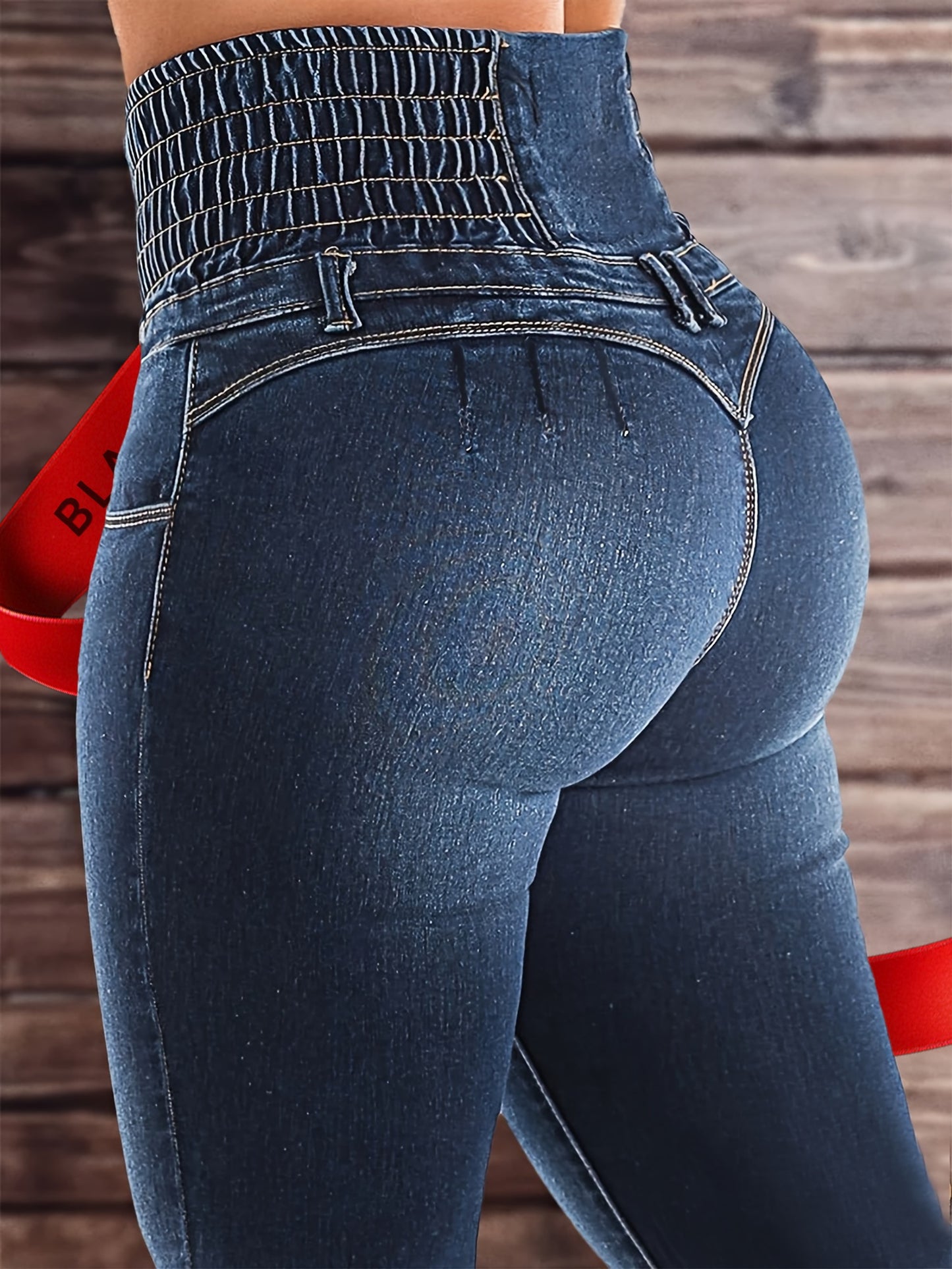 Stretch-Jeans mit hoher Taille und hohem Bund und mehreren Taschen Spandex