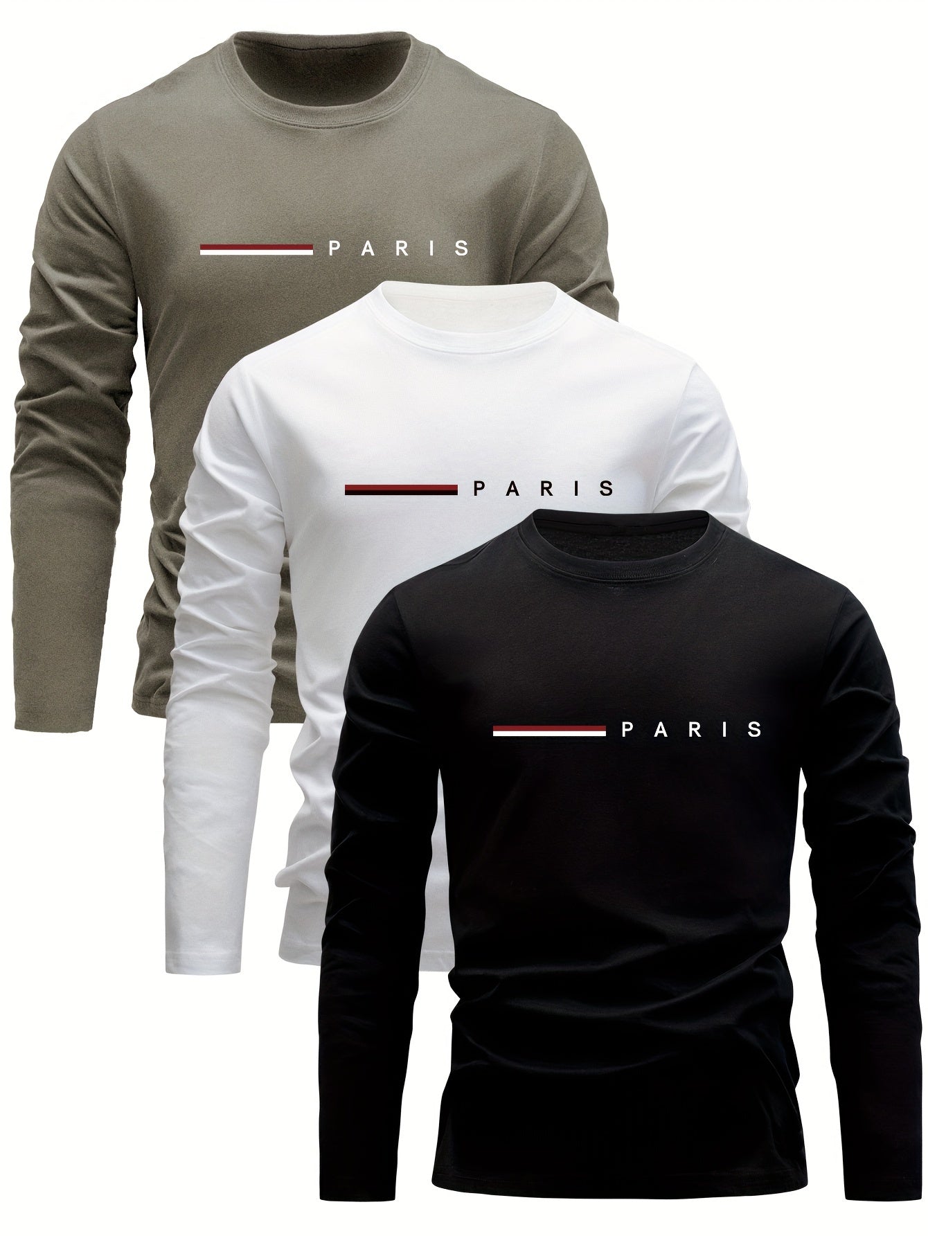 3-teiliges Langarm-Shirt Set aus Baumwolle für Herren – lässiger Rundhalsausschnitt