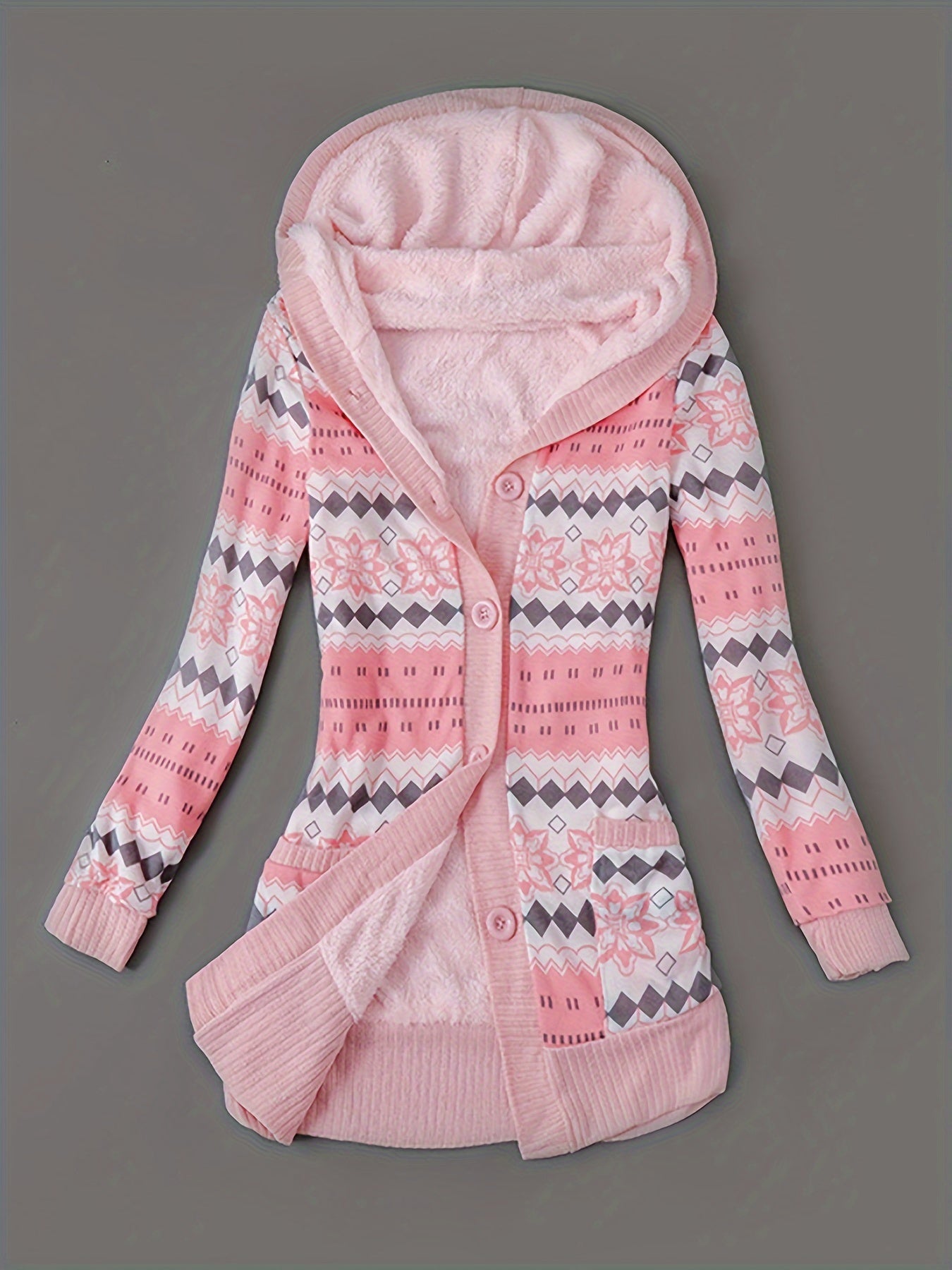Kapuzenpullover mit Knopfleiste vorne und Geo-Print, lässiger, langärmeliger Cardigan