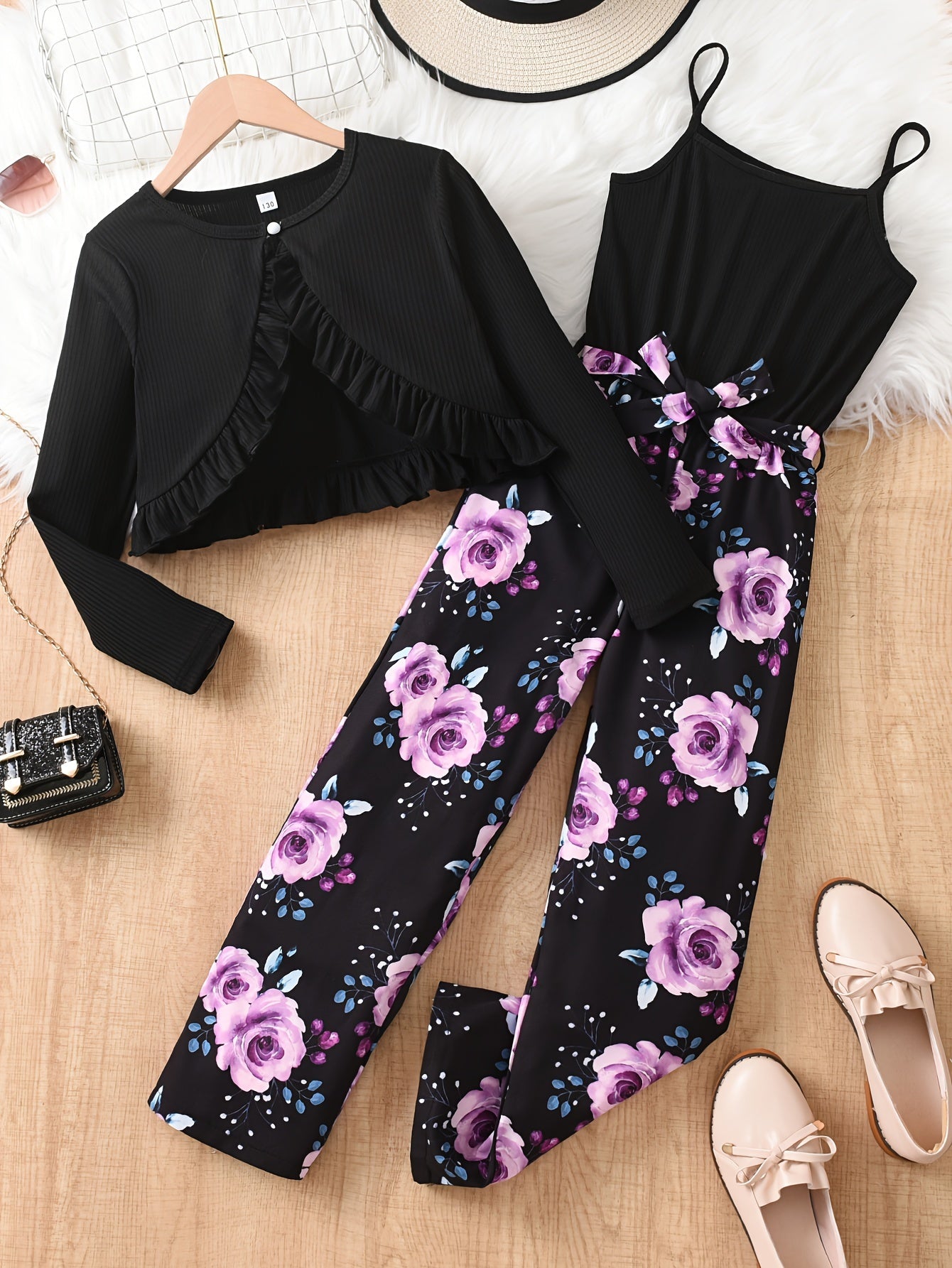 Elegantes 2-teiliges Set für Mädchen, Strickjacke mit Rüschen und Jumpsuit