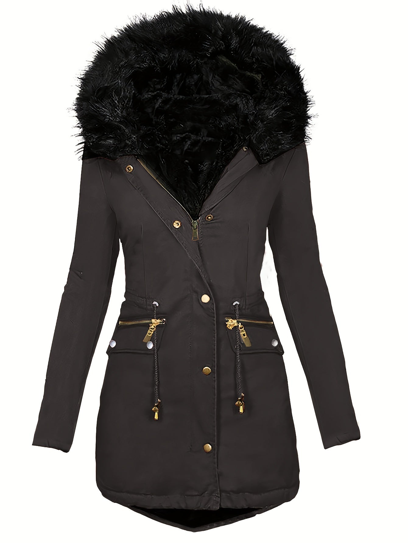 Zip-up Fuzzy Parka-Mantel mit Kapuze und Reißverschluss für Damen