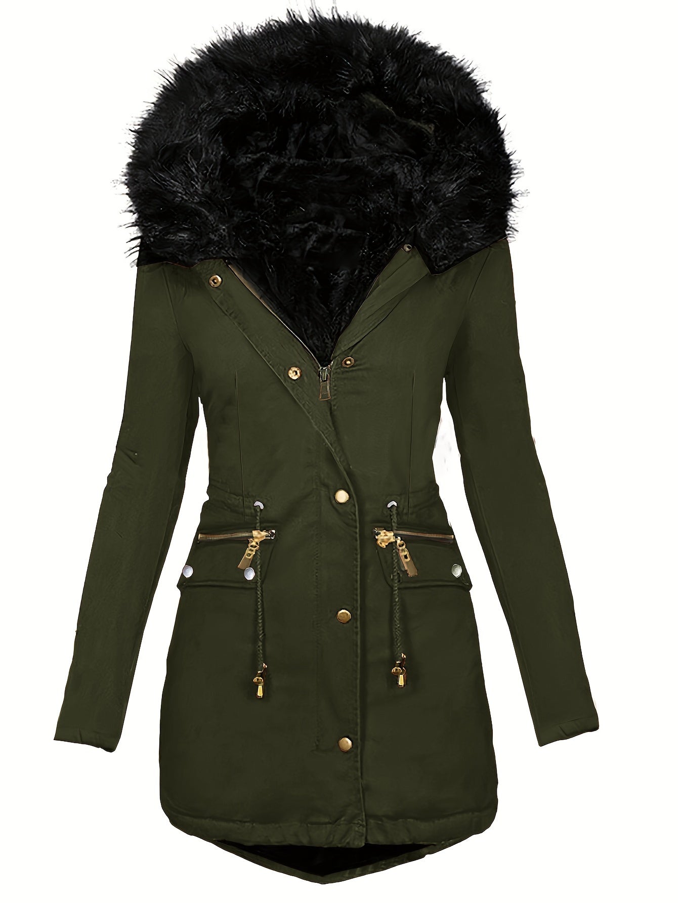 Zip-up Fuzzy Parka-Mantel mit Kapuze und Reißverschluss für Damen
