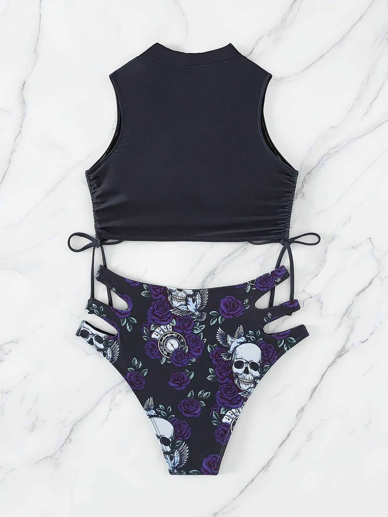 2-teiliges Bikini-Set im Gothic-Punk-Stil mit Rosen-Totenkopf-Print