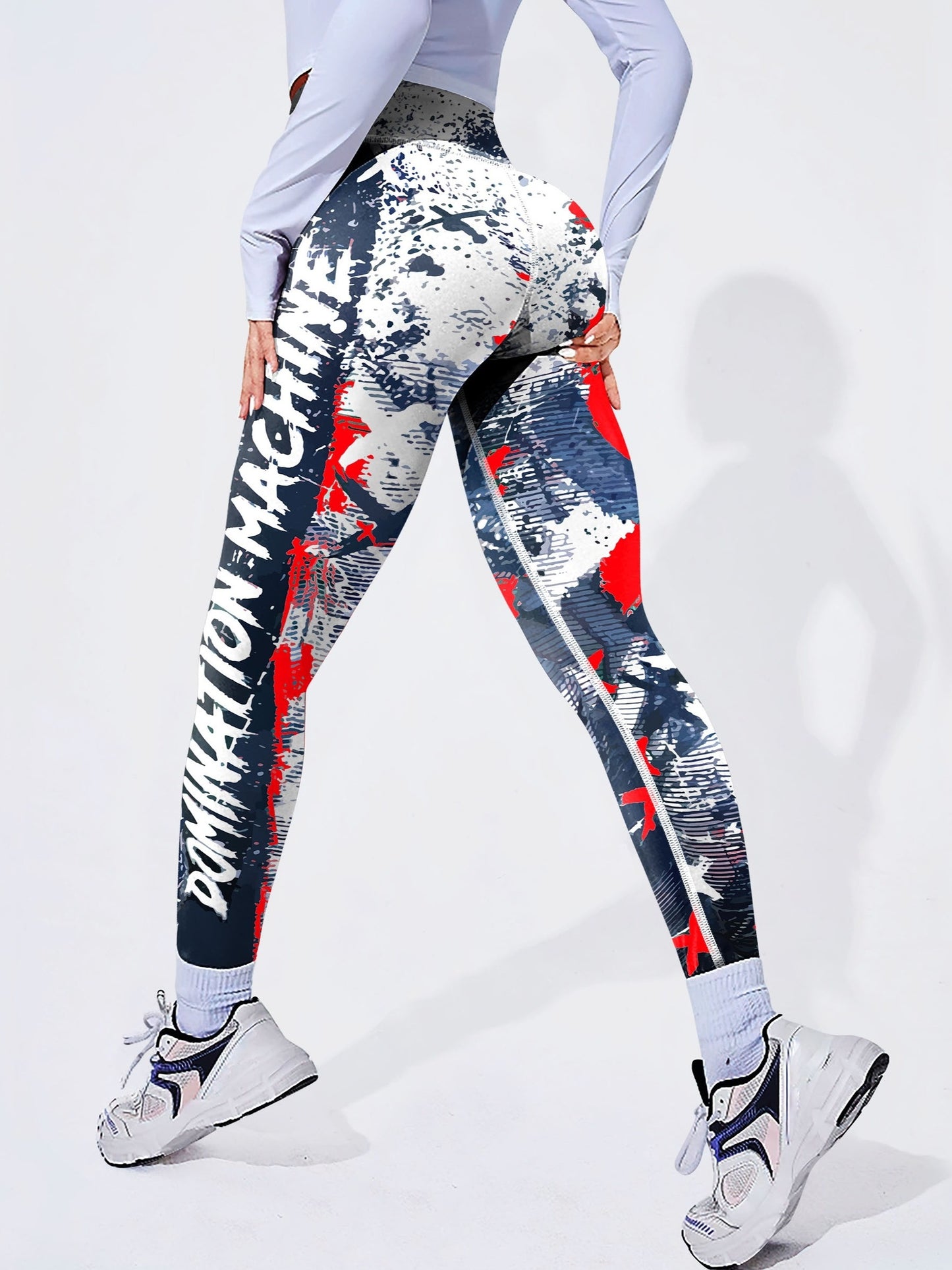 Yoga-Sport-Leggings mit hoher Taille, Farbblock-Graffiti-Design, Po-Lifting
