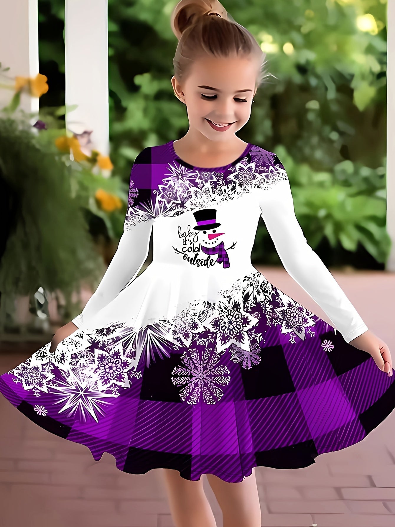 Spleißen Schneemann Langarm Kleid Mädchen Weihnachten / Prinzessin Herbst Winter