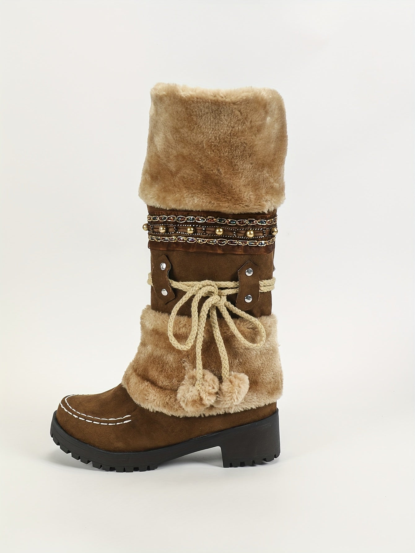 Retro-Schneestiefel für Damen, Stiefel mit Fleece-Pom-Pom-Dekor