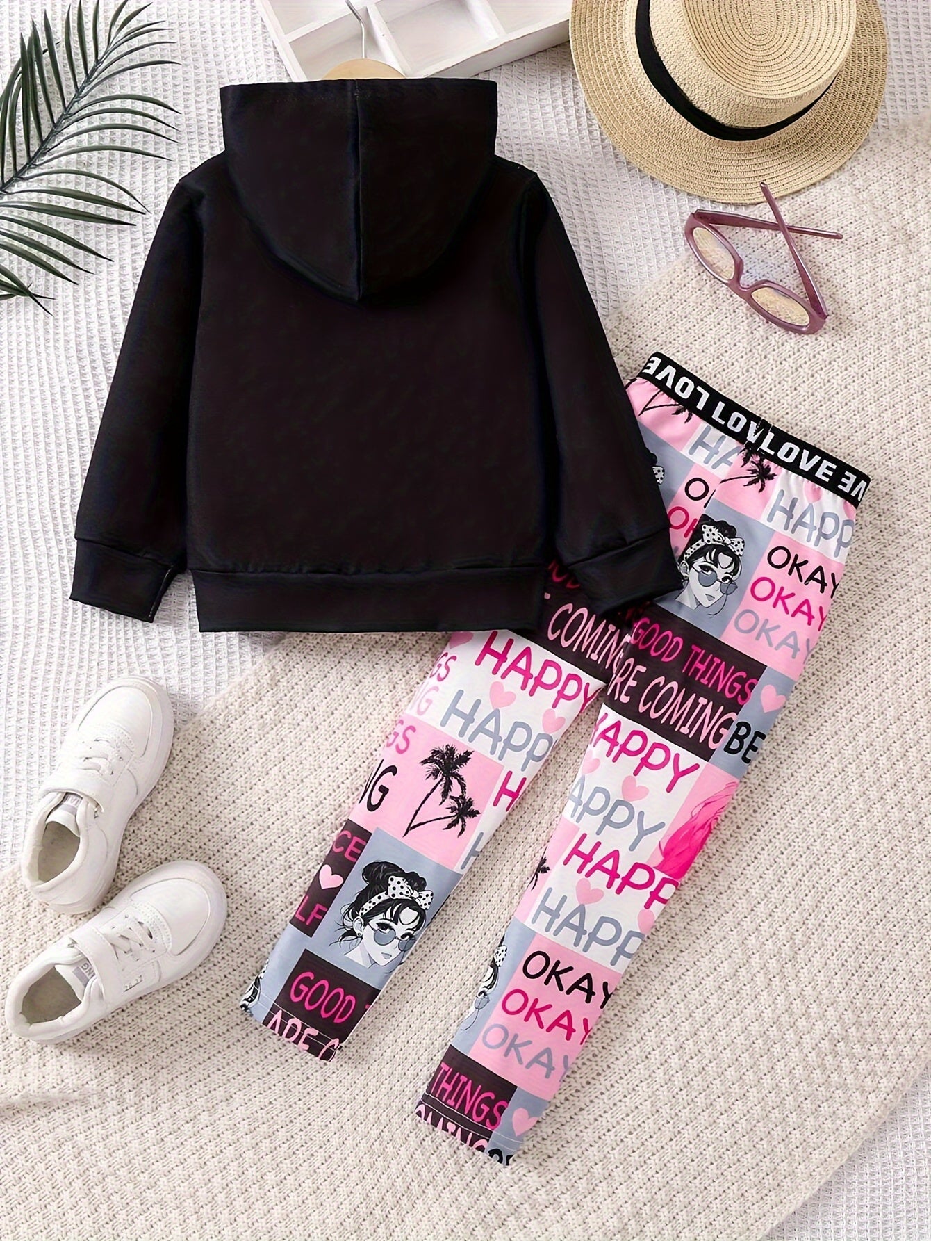2-teiliges Set aus Kapuzenpullover und Leggings mit Cartoon für Mädchen – langärmlig