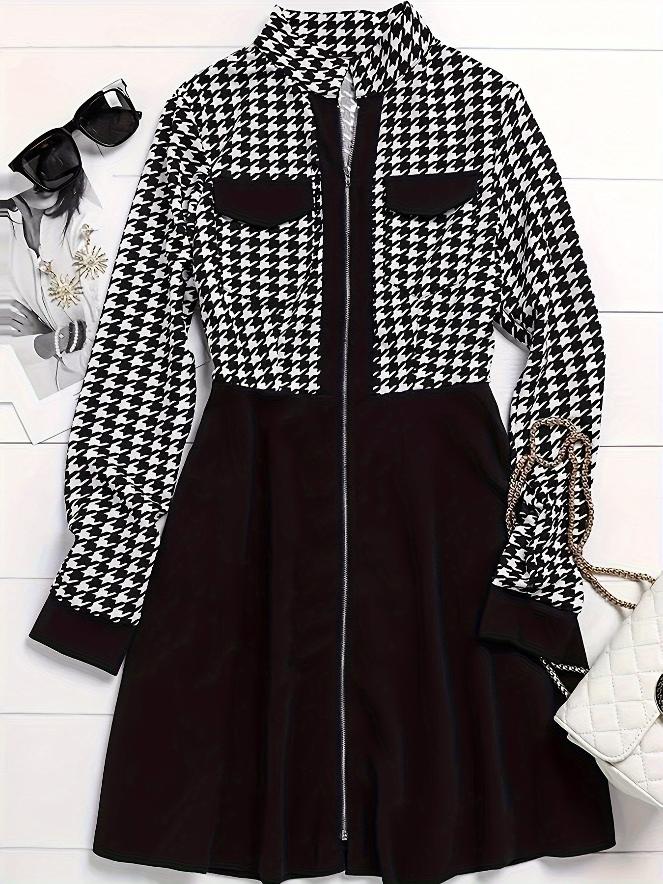 Houndstooth elegantes Reißverschluss-Langarmkleid