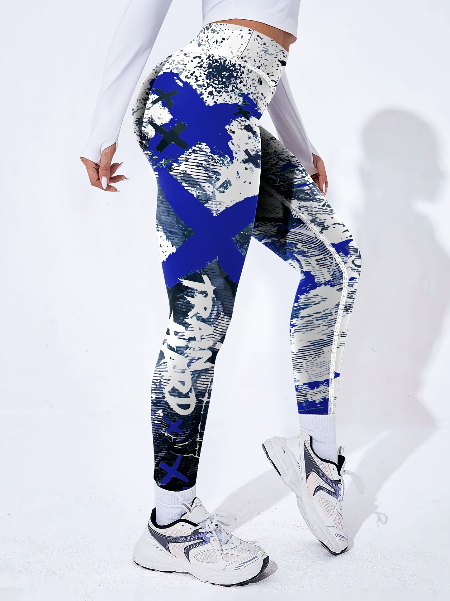 Yoga-Sport-Leggings mit hoher Taille, Farbblock-Graffiti-Design, Po-Lifting