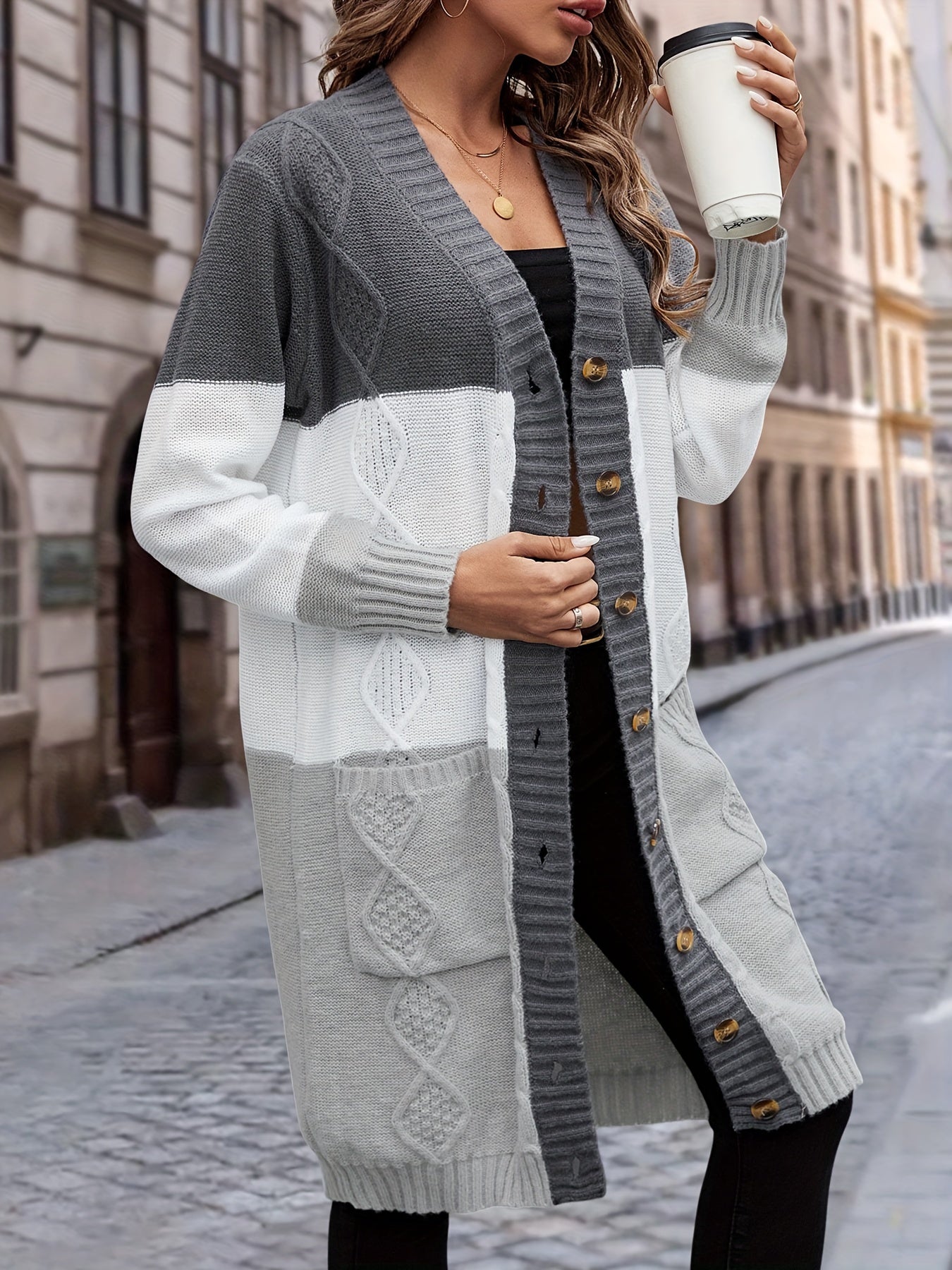 Strickjacke mit Knopfleiste, lässiger Langarm-Longline-Pullover mit Tasche