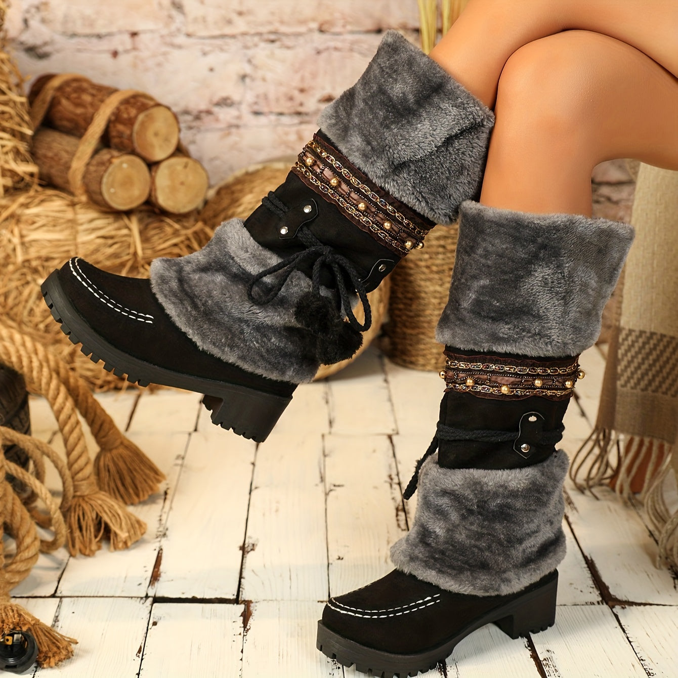 Retro-Schneestiefel für Damen, Stiefel mit Fleece-Pom-Pom-Dekor