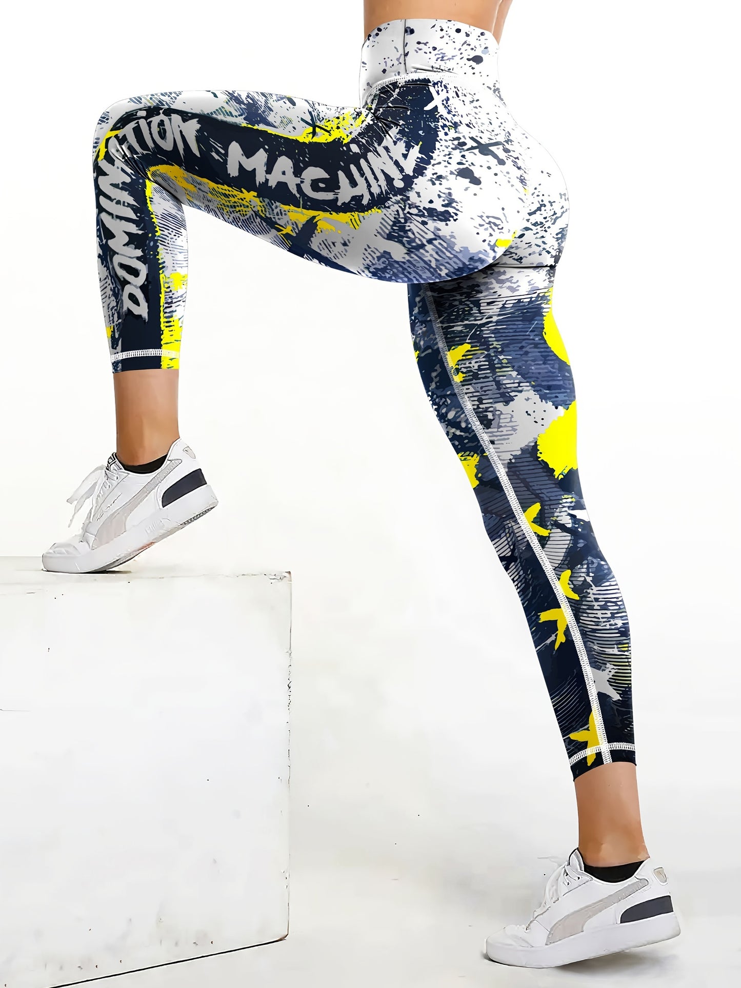 Yoga-Sport-Leggings mit hoher Taille, Farbblock-Graffiti-Design, Po-Lifting