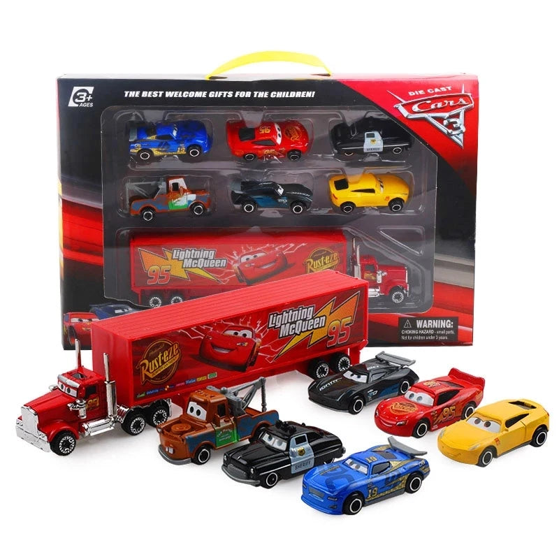 7 teiliges Set Auto Lightning Mc Queen Mack Truck 1:55 Druckguss Metall